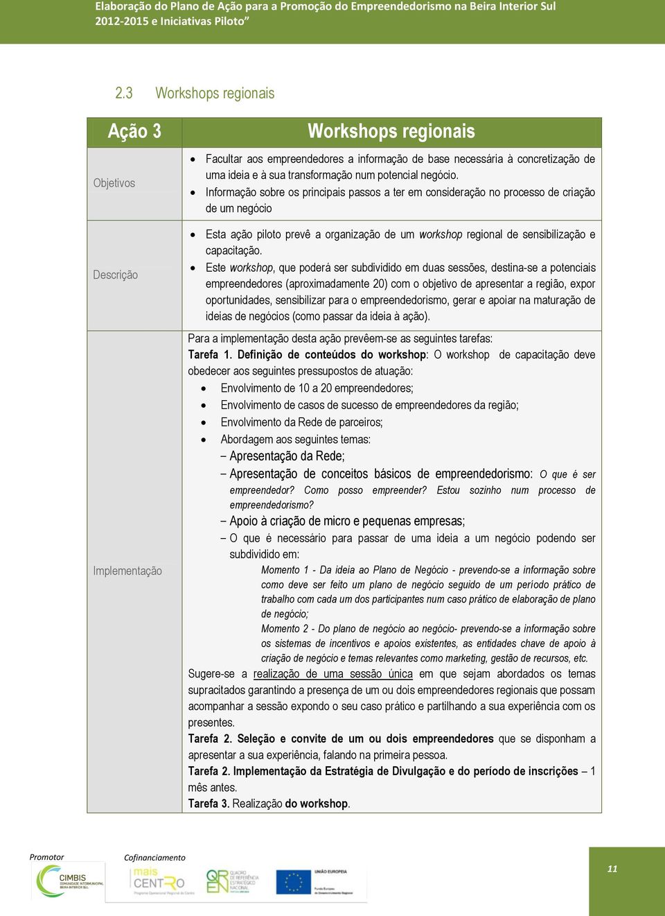 Informação sobre os principais passos a ter em consideração no processo de criação de um negócio Esta ação piloto prevê a organização de um workshop regional de sensibilização e capacitação.