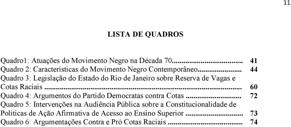 .. 44 Quadro 3: Legislação do Estado do Rio de Janeiro sobre Reserva de Vagas e Cotas Raciais.