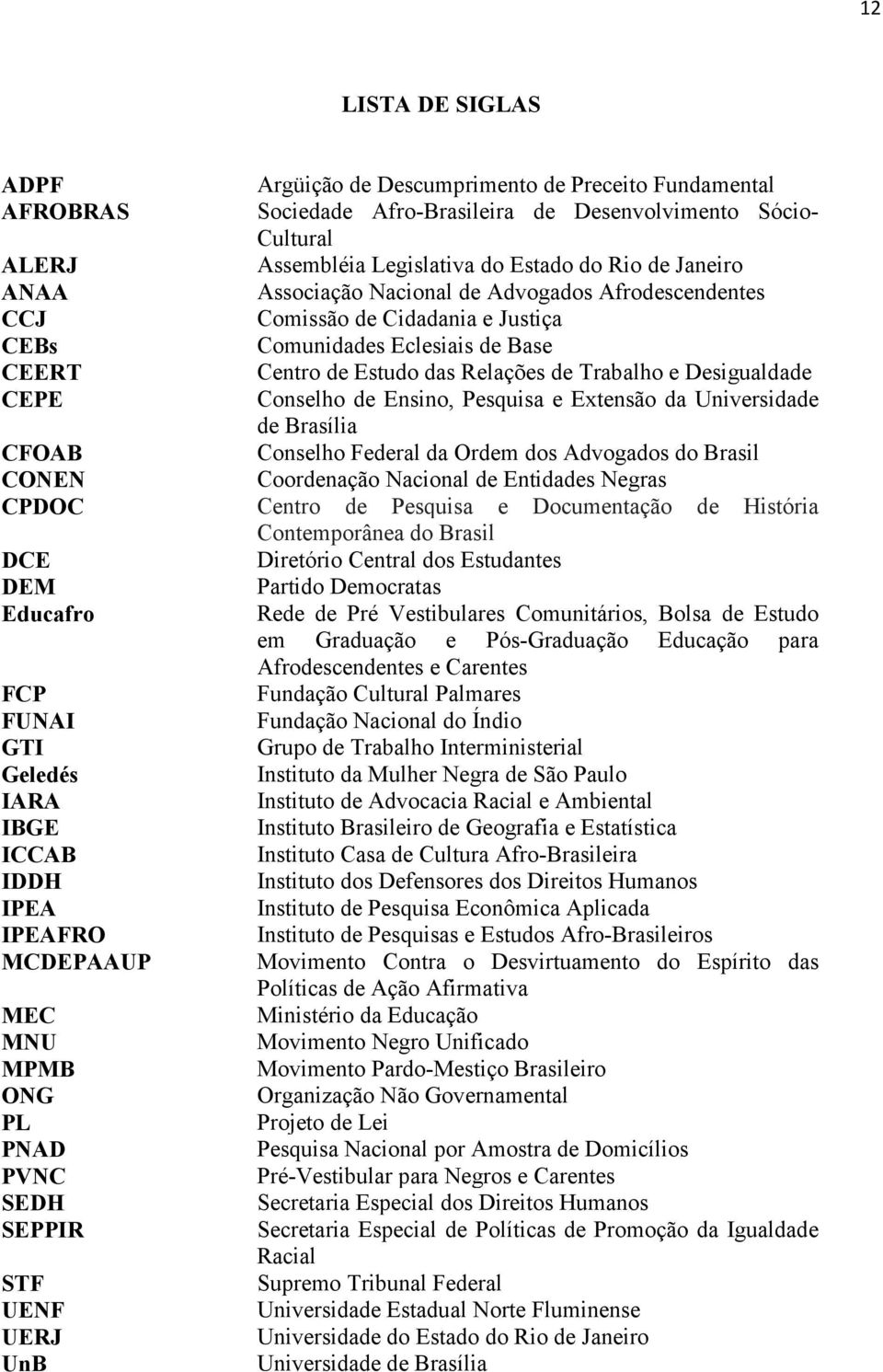 CEPE Conselho de Ensino, Pesquisa e Extensão da Universidade de Brasília CFOAB Conselho Federal da Ordem dos Advogados do Brasil CONEN Coordenação Nacional de Entidades Negras CPDOC Centro de