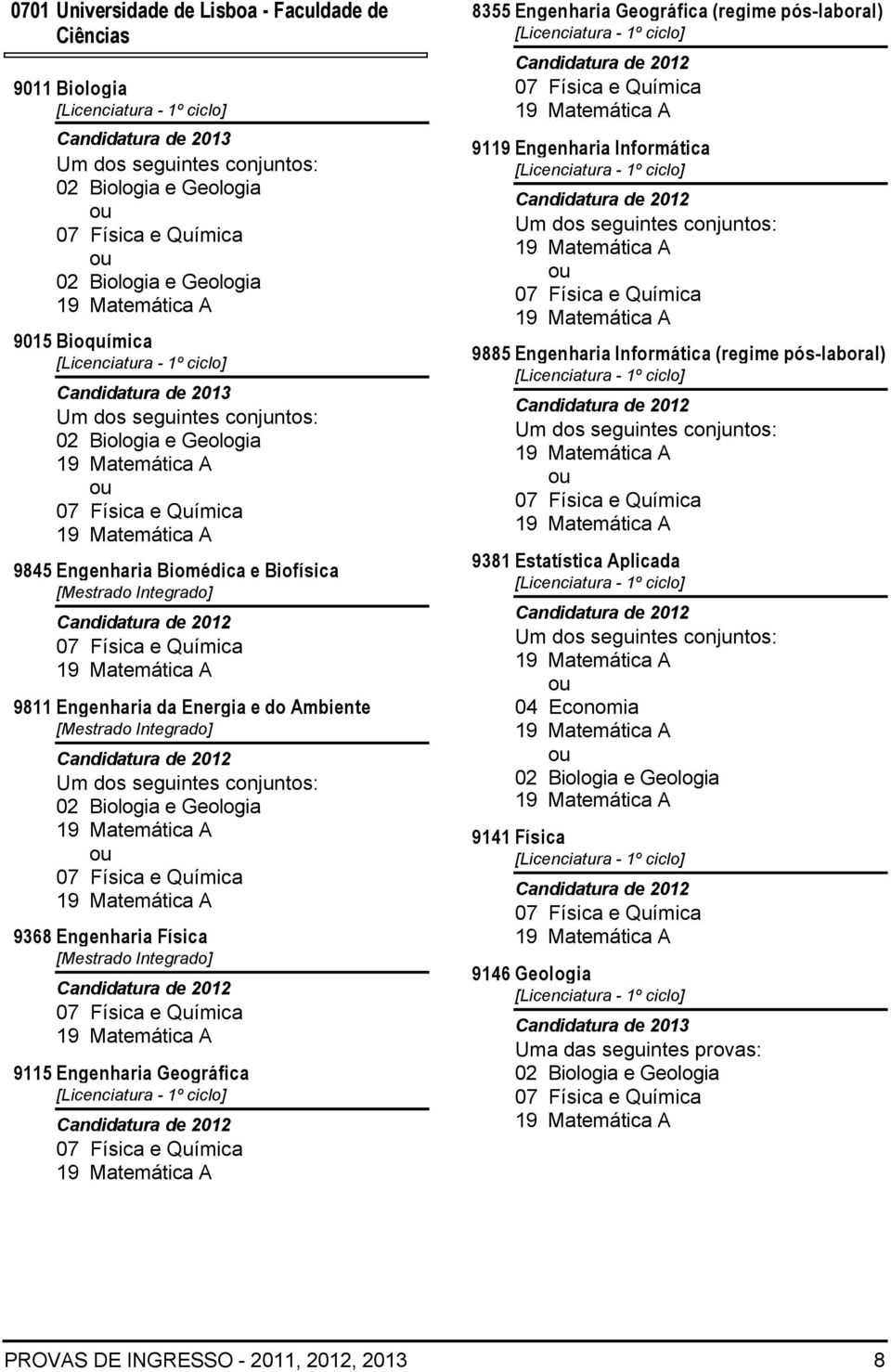 Engenharia Geográfica 8355 Engenharia Geográfica (regime pós-laboral) 9119 Engenharia Informática