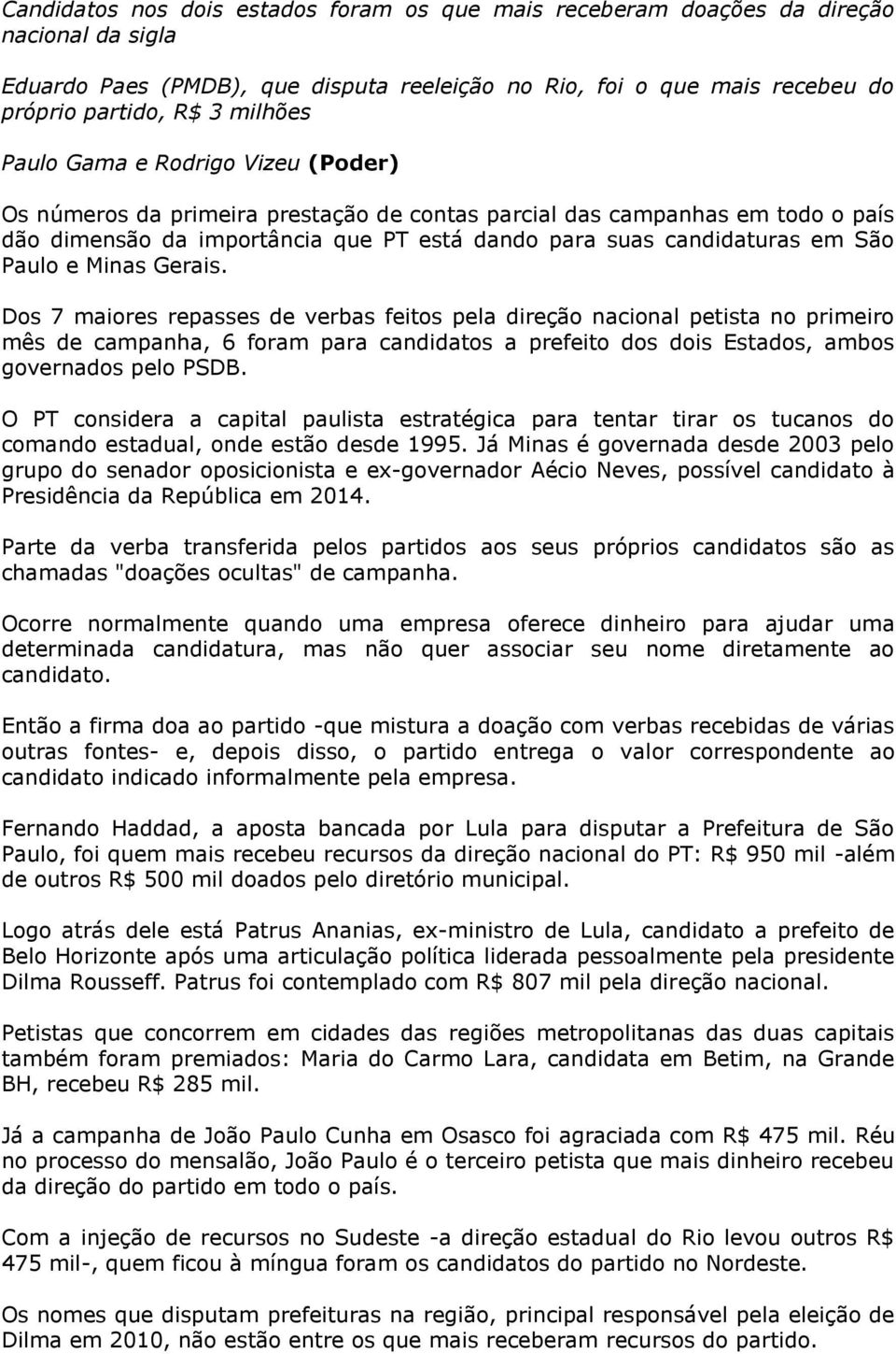 Minas Gerais. Dos 7 maiores repasses de verbas feitos pela direção nacional petista no primeiro mês de campanha, 6 foram para candidatos a prefeito dos dois Estados, ambos governados pelo PSDB.