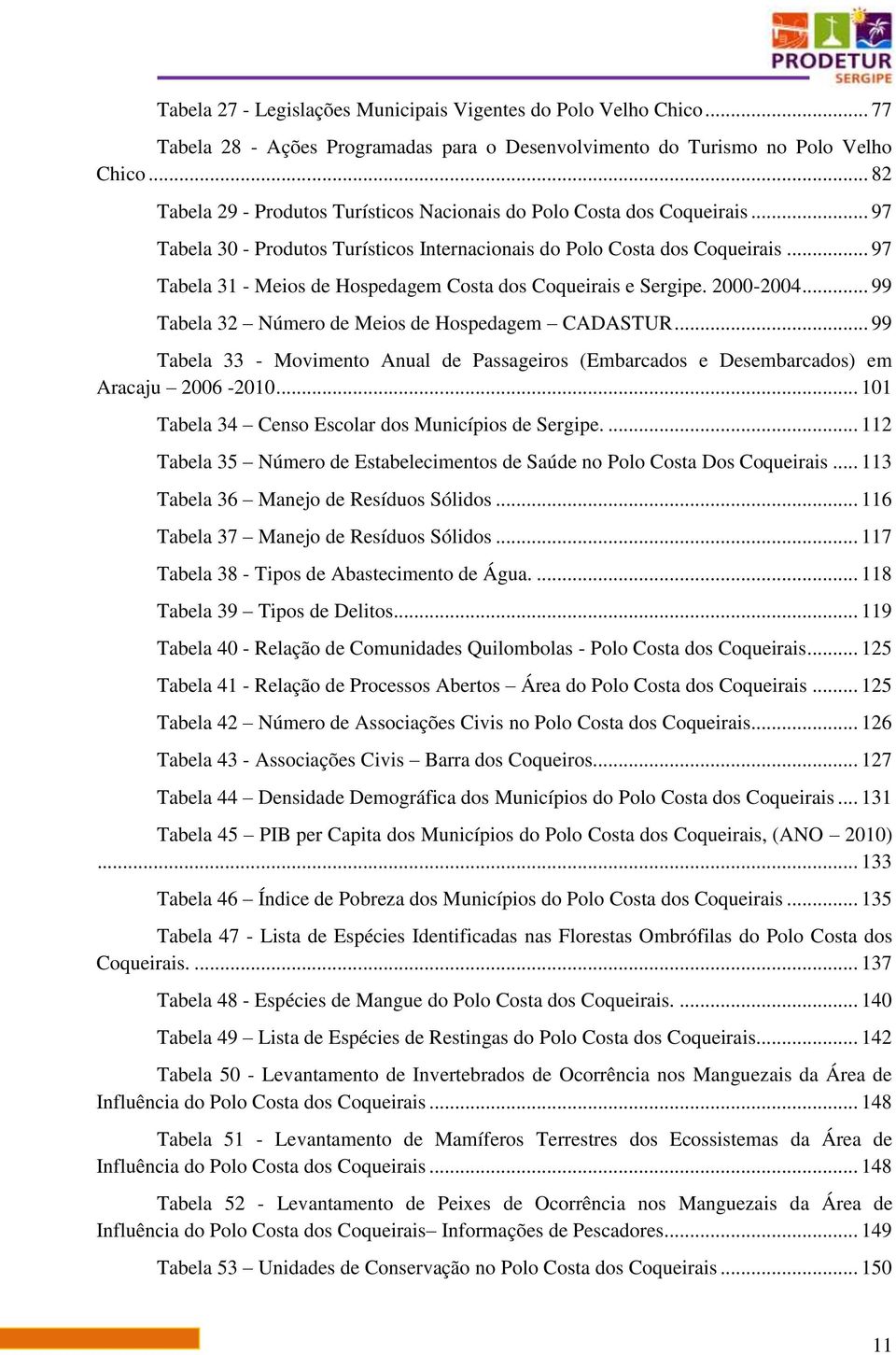 .. 97 Tabela 31 - Meios de Hospedagem Costa dos Coqueirais e Sergipe. 2000-2004... 99 Tabela 32 Número de Meios de Hospedagem CADASTUR.