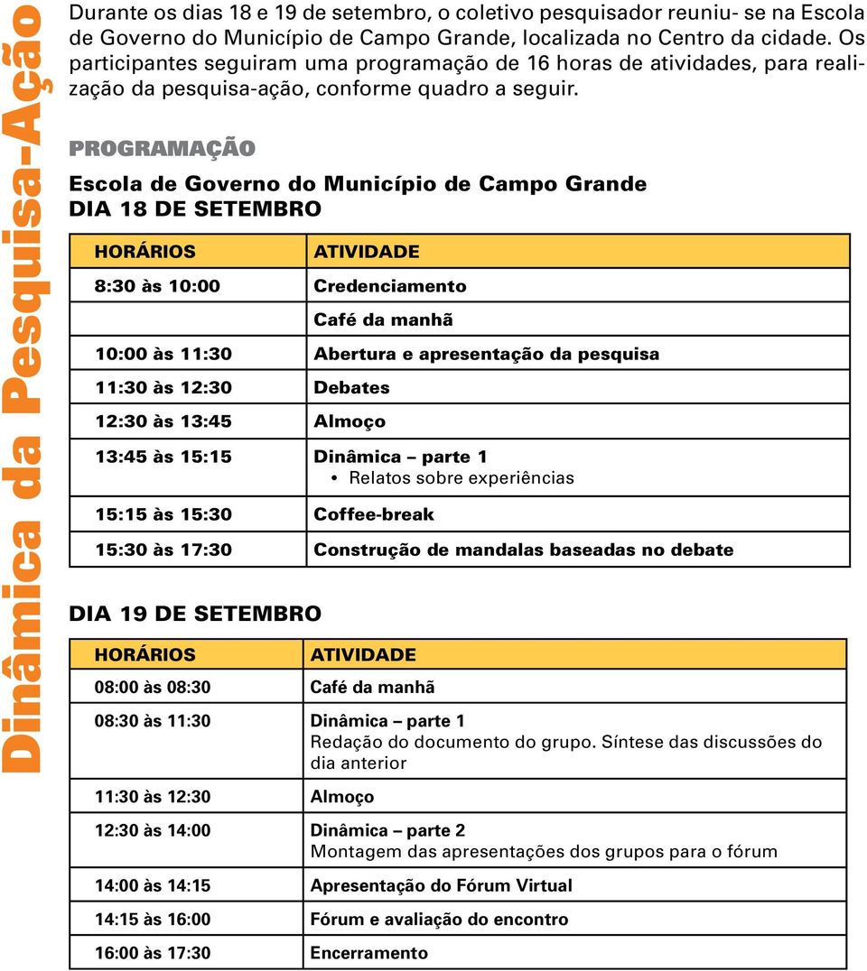 PROGRAMAÇÃO Escola de Governo do Município de Campo Grande DIA 18 DE SETEMBRO HORÁRIOS ATIVIDADE 8:30 às 10:00 Credenciamento Café da manhã 10:00 às 11:30 Abertura e apresentação da pesquisa 11:30 às