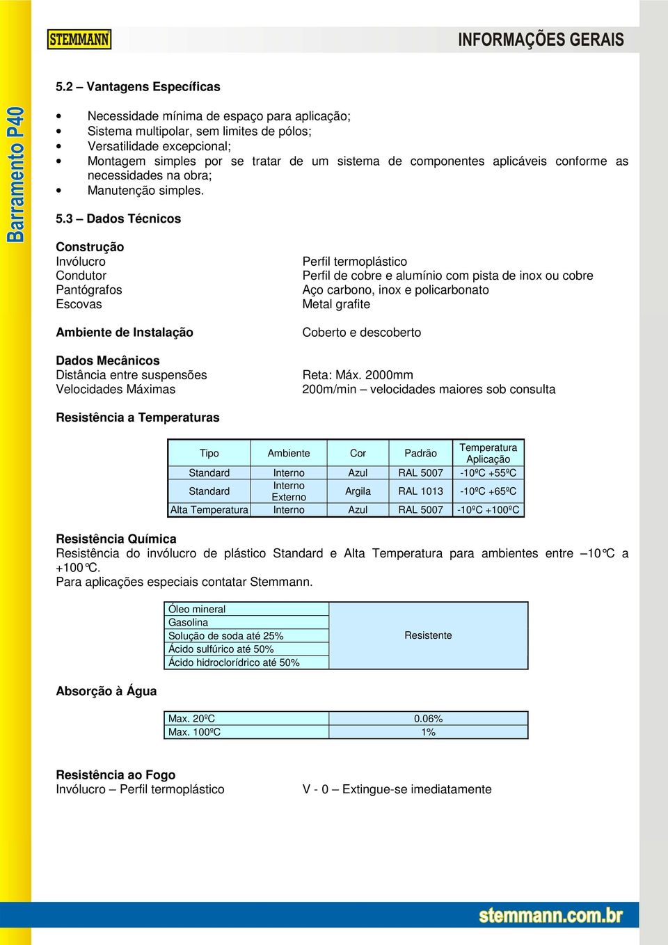 3 Dados Técnicos Construção Invólucro Condutor Pantógrafos Escovas de Instalação Dados Mecânicos Distância entre suspensões Velocidades Máximas Perfil termoplástico Perfil de cobre e alumínio com