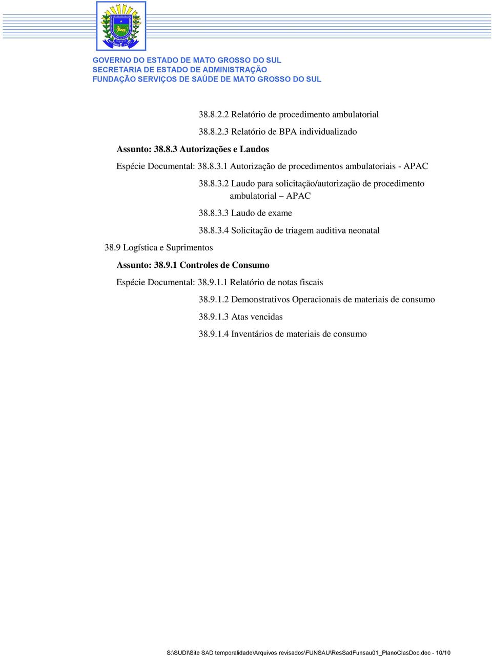 9.1.1 Relatório de notas fiscais 38.9.1.2 Demonstrativos Operacionais de materiais de consumo 38.9.1.3 Atas vencidas 38.9.1.4 Inventários de materiais de consumo S:\SUDI\Site SAD temporalidade\arquivos revisados\funsau\ressadfunsau01_planoclasdoc.