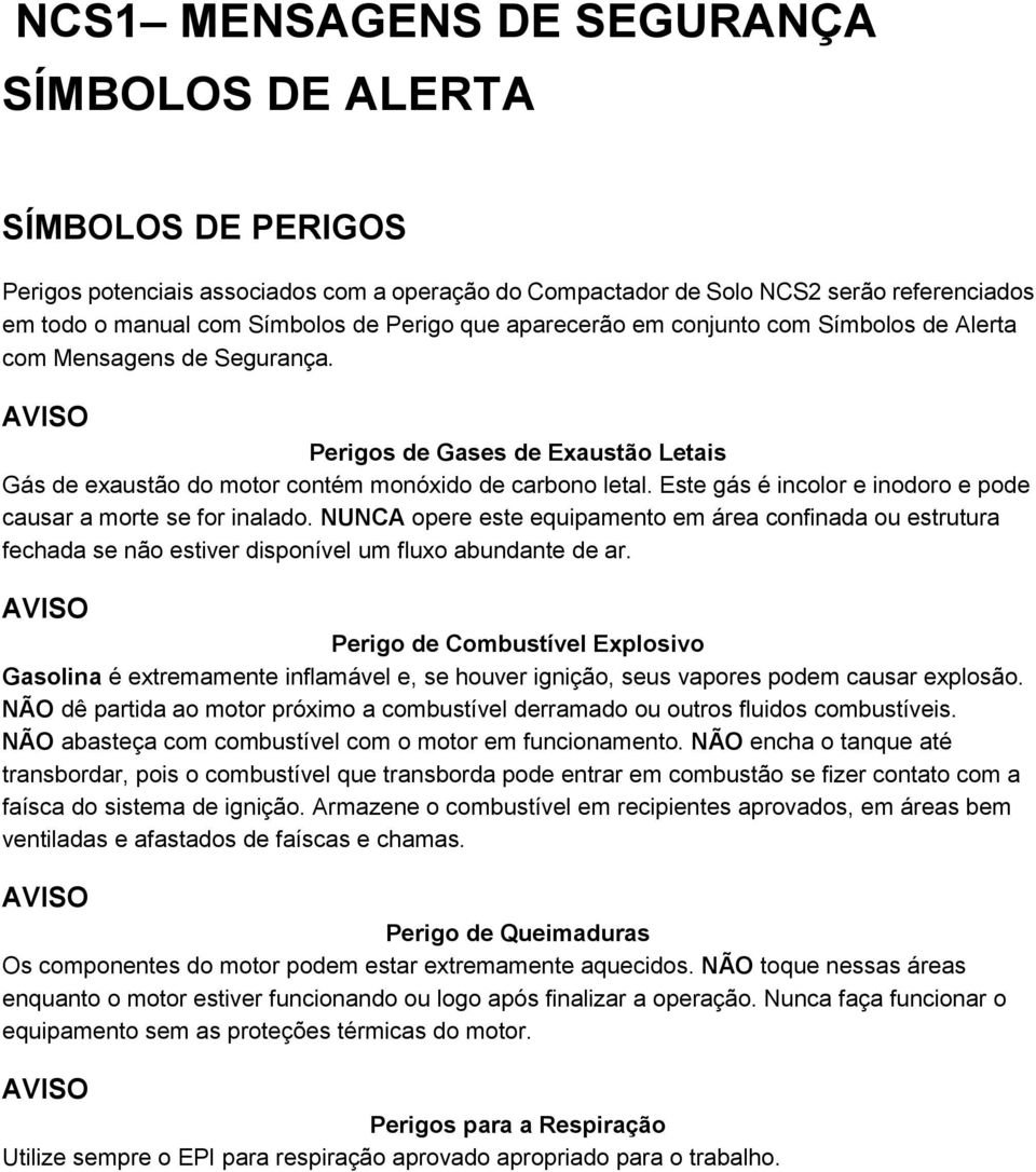 Este gás é incolor e inodoro e pode causar a morte se for inalado. NUNCA opere este equipamento em área confinada ou estrutura fechada se não estiver disponível um fluxo abundante de ar.