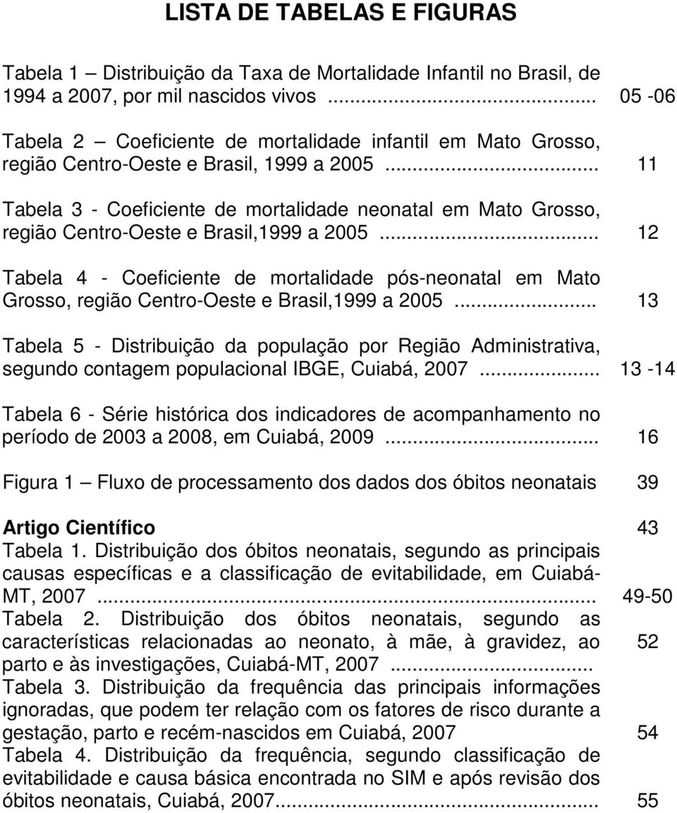 .. 11 Tabela 3 - Coeficiente de mortalidade neonatal em Mato Grosso, região Centro-Oeste e Brasil,1999 a 2005.