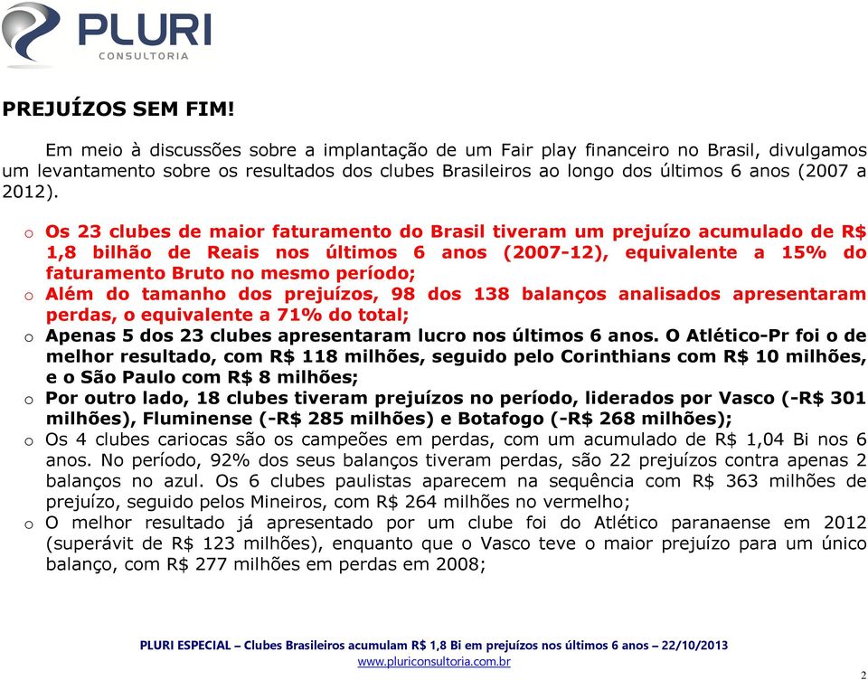 o Os 23 clubes de maior faturamento do Brasil tiveram um acumulado de 1,8 bilhão de Reais nos últimos 6 anos (2007-12), equivalente a 15% do faturamento Bruto no mesmo período; o Além do tamanho dos