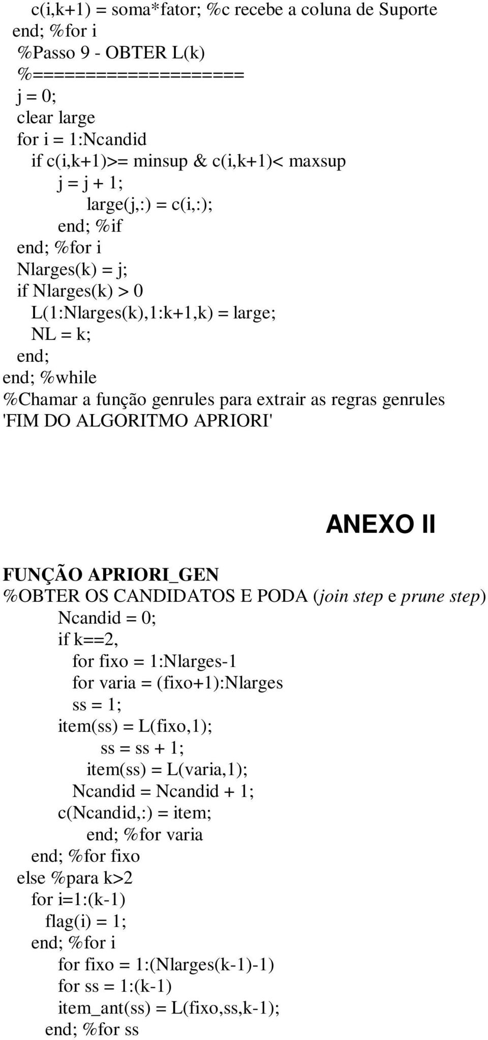 ALGORITMO APRIORI' ANEXO II FUNÇÃO APRIORI_GEN %OBTER OS CANDIDATOS E PODA (join step e prune step) Ncandid = 0; if k==2, for fixo = 1:Nlarges-1 for varia = (fixo+1):nlarges ss = 1; item(ss) =