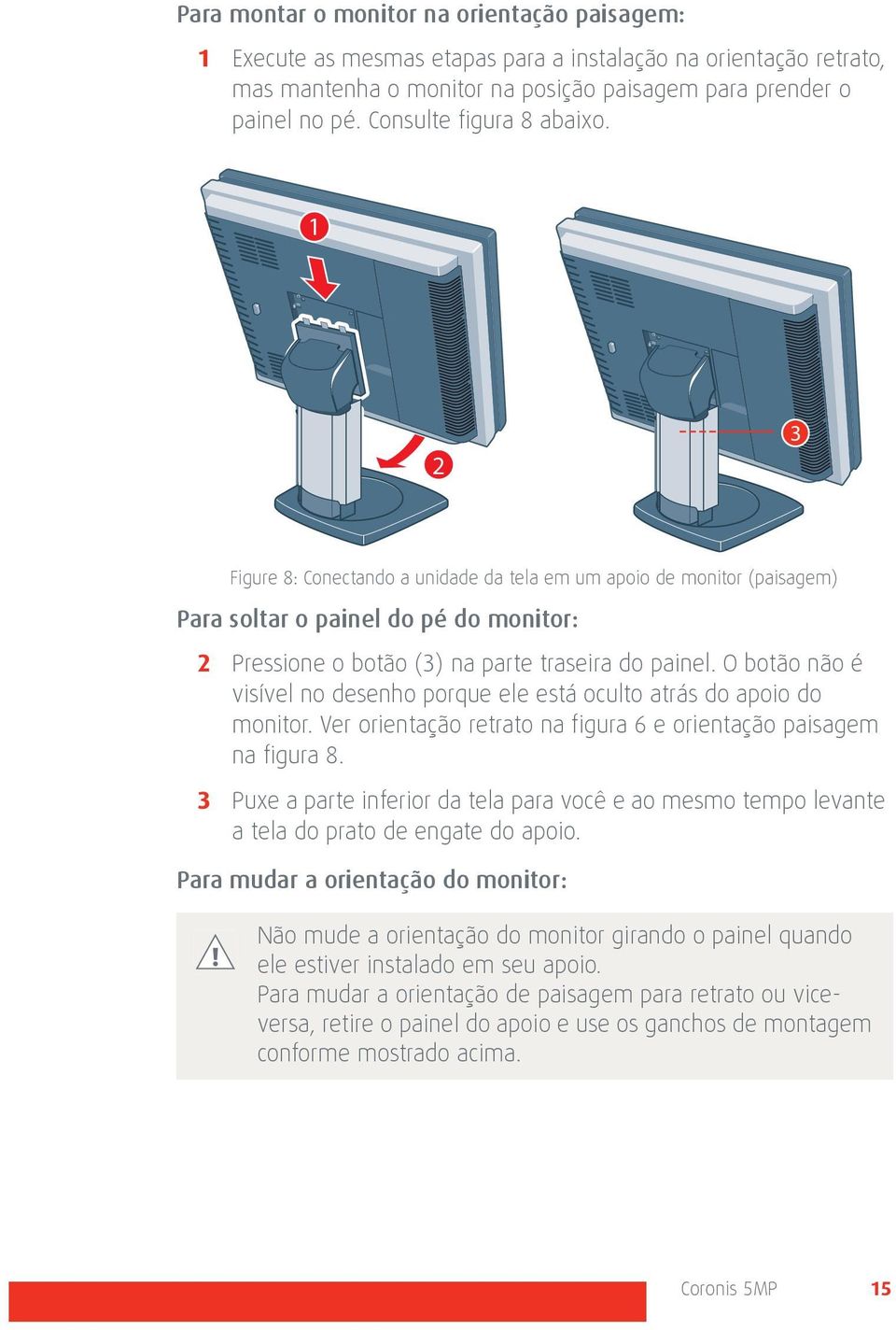 O botão não é visível no desenho porque ele está oculto atrás do apoio do monitor. Ver orientação retrato na figura 6 e orientação paisagem na figura 8.