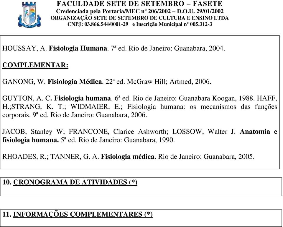 ; Fisiologia humana: os mecanismos das funções corporais. 9ª ed. Rio de Janeiro: Guanabara, 2006. JACOB, Stanley W; FRANCONE, Clarice Ashworth; LOSSOW, Walter J.