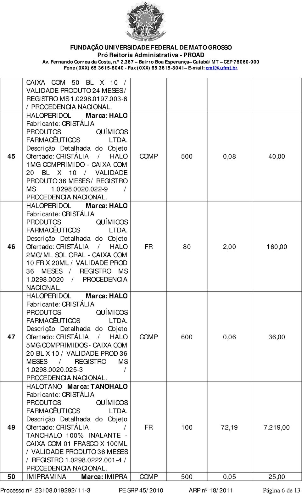 46 Ofertado: CRISTÁLIA / HALO FR 80 2,00 160,00 2MG/ML SOL ORAL - CAIXA COM 10 FR X 20ML / VALIDADE PROD 36 MESES / REGISTRO MS 1.0298.0020 / PROCEDENCIA NACIONAL. HALOPERIDOL Marca: HALO.