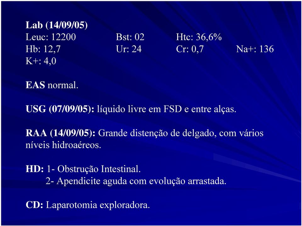 RAA (14/09/05): Grande distenção de delgado, com vários níveis hidroaéreos.