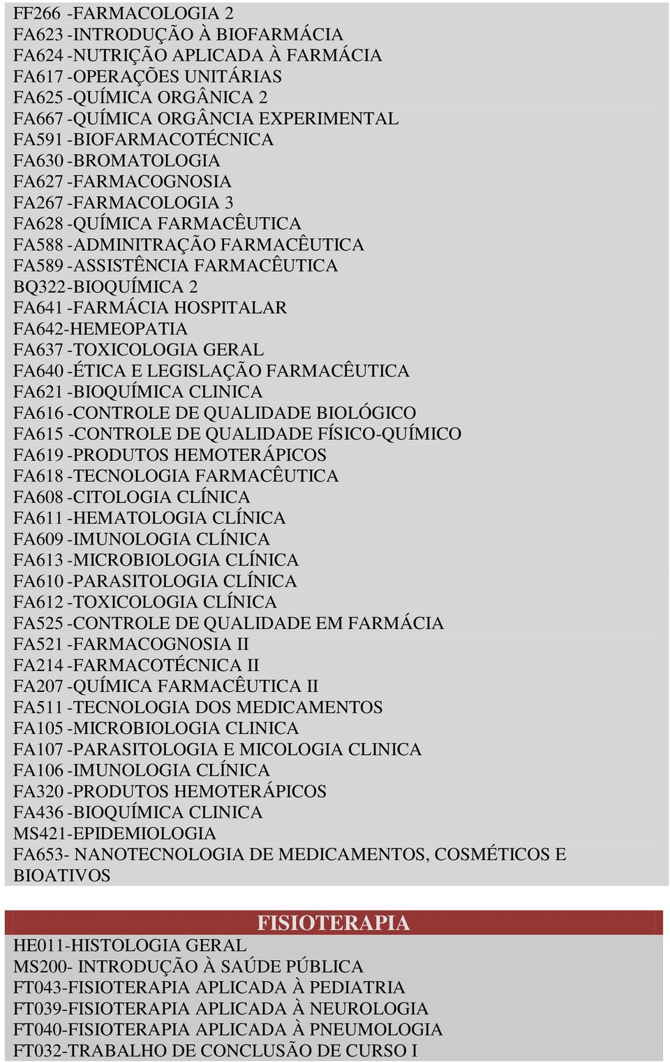 FA641 -FARMÁCIA HOSPITALAR FA642-HEMEOPATIA FA637 -TOXICOLOGIA GERAL FA640 -ÉTICA E LEGISLAÇÃO FARMACÊUTICA FA621 -BIOQUÍMICA CLINICA FA616 -CONTROLE DE QUALIDADE BIOLÓGICO FA615 -CONTROLE DE