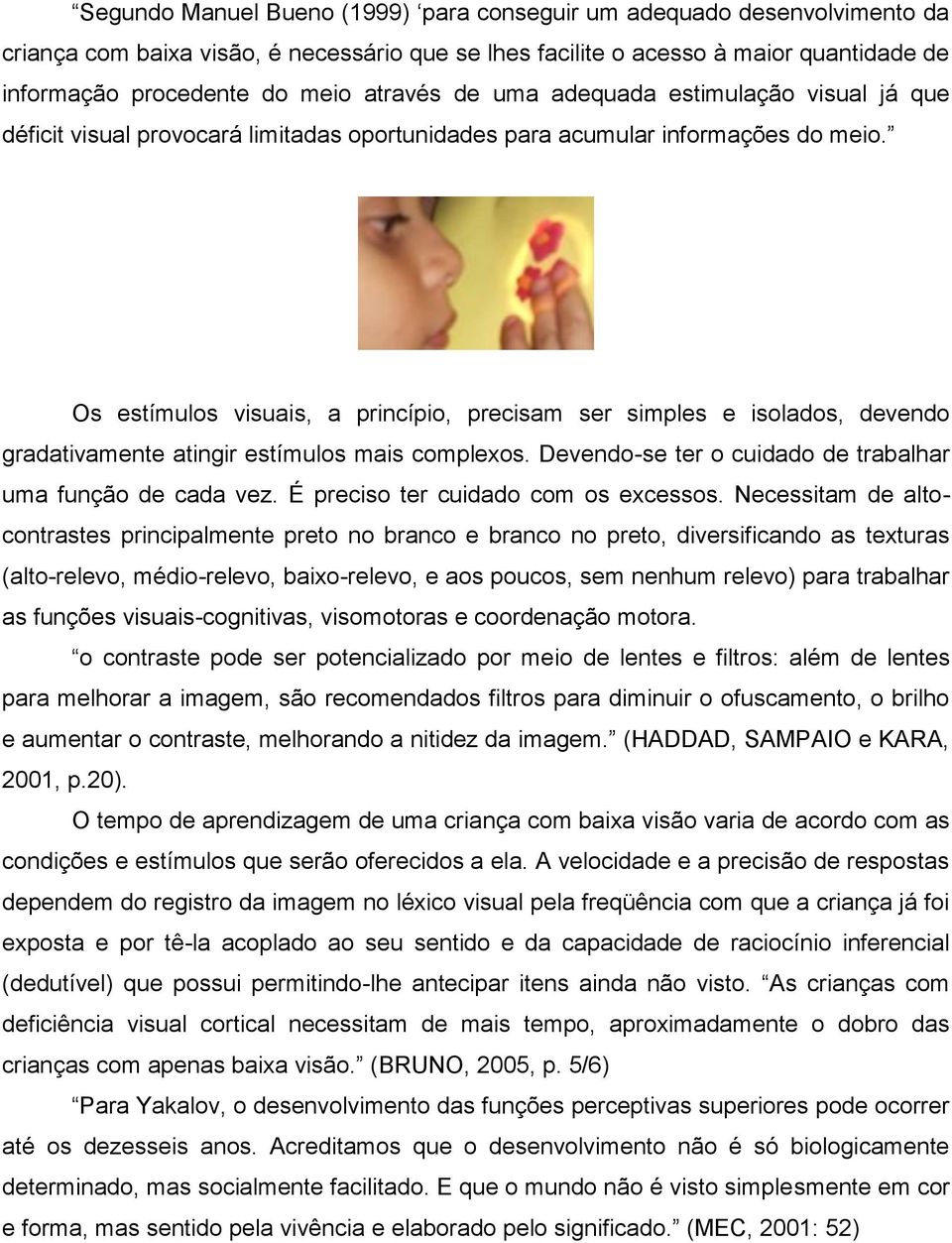 Os estímulos visuais, a princípio, precisam ser simples e isolados, devendo gradativamente atingir estímulos mais complexos. Devendo-se ter o cuidado de trabalhar uma função de cada vez.