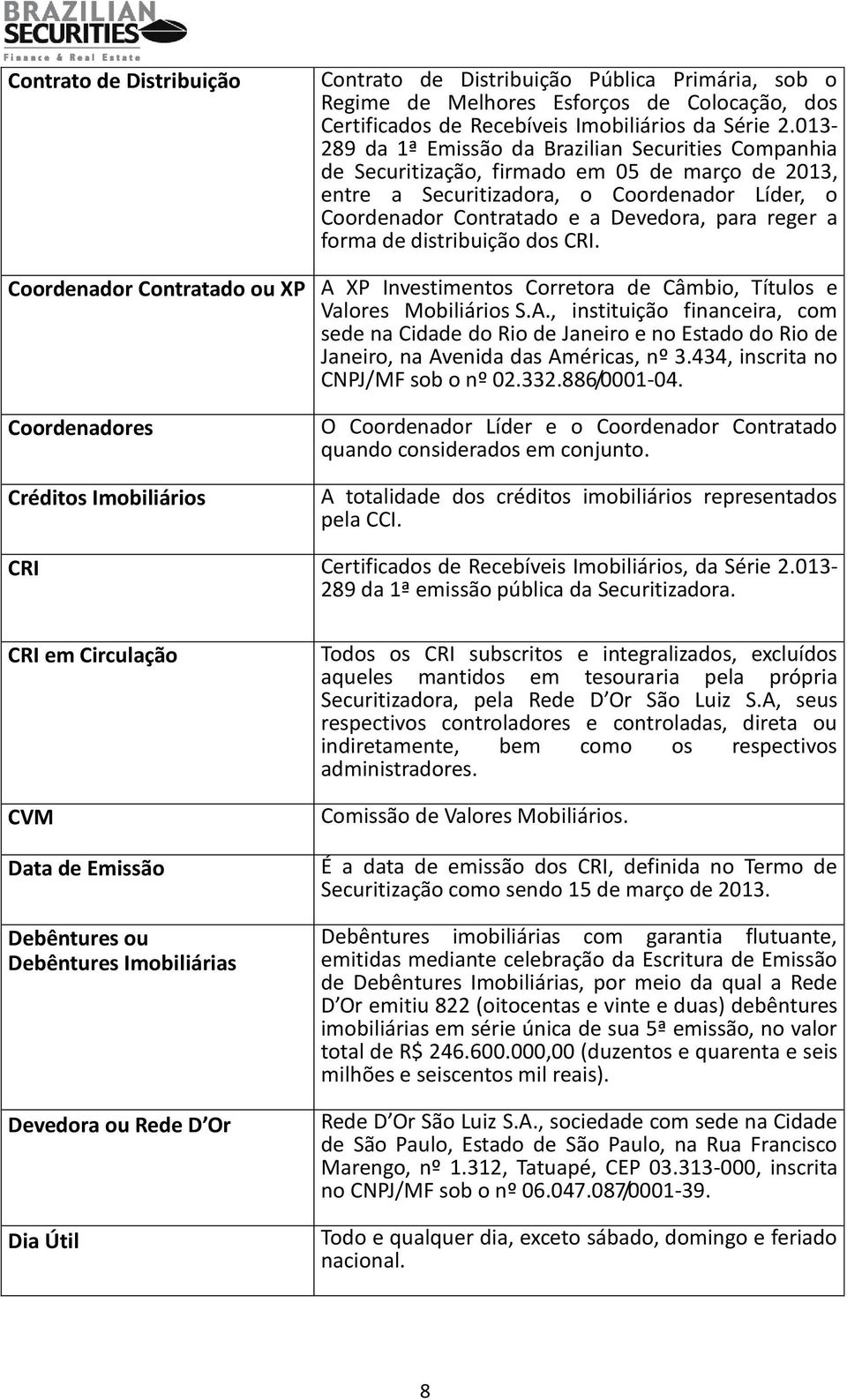 reger a forma de distribuição dos CRI. Coordenador Contratado ou XP A XP Investimentos Corretora de Câmbio, Títulos e Valores Mobiliários S.A., instituição financeira, com sede na Cidade do Rio de Janeiro e no Estado do Rio de Janeiro, na Avenida das Américas, nº 3.