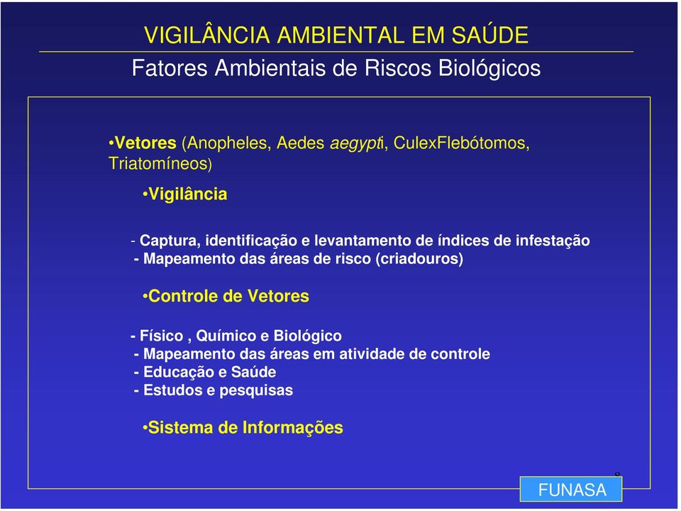 Mapeamento das áreas de risco (criadouros) Controle de Vetores - Físico, Químico e Biológico -