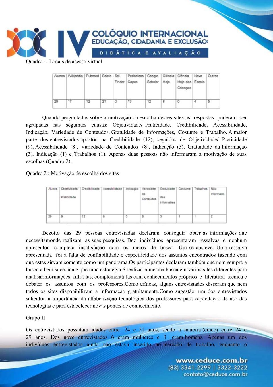 Acessibilidade, Indicação, Variedade de Conteúdos, Gratuidade de Informações, Costume e Trabalho.