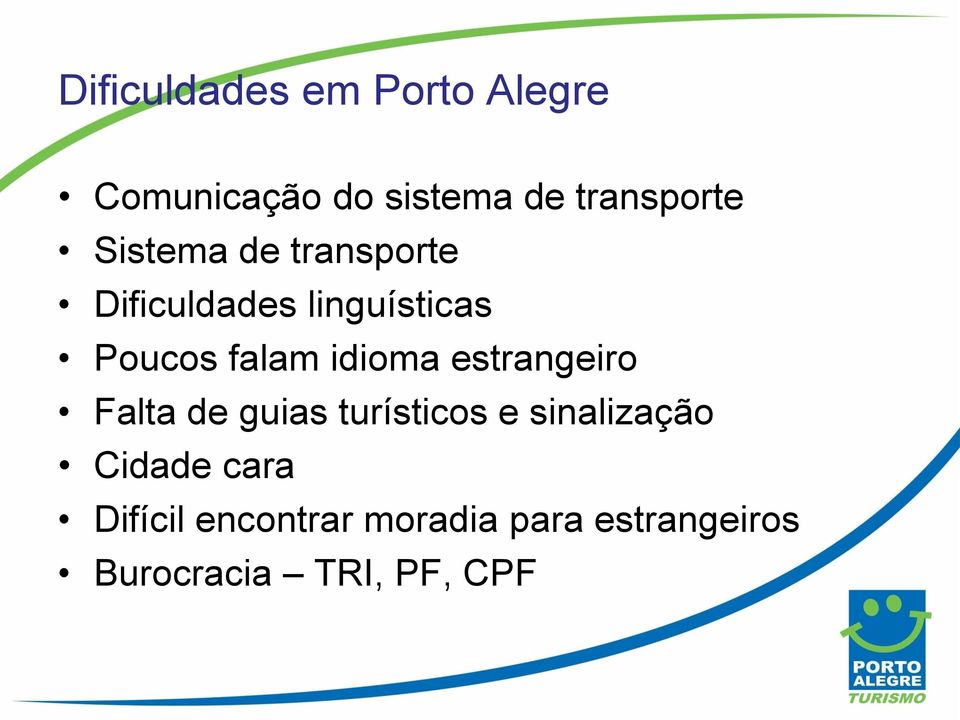 idioma estrangeiro Falta de guias turísticos e sinalização Cidade