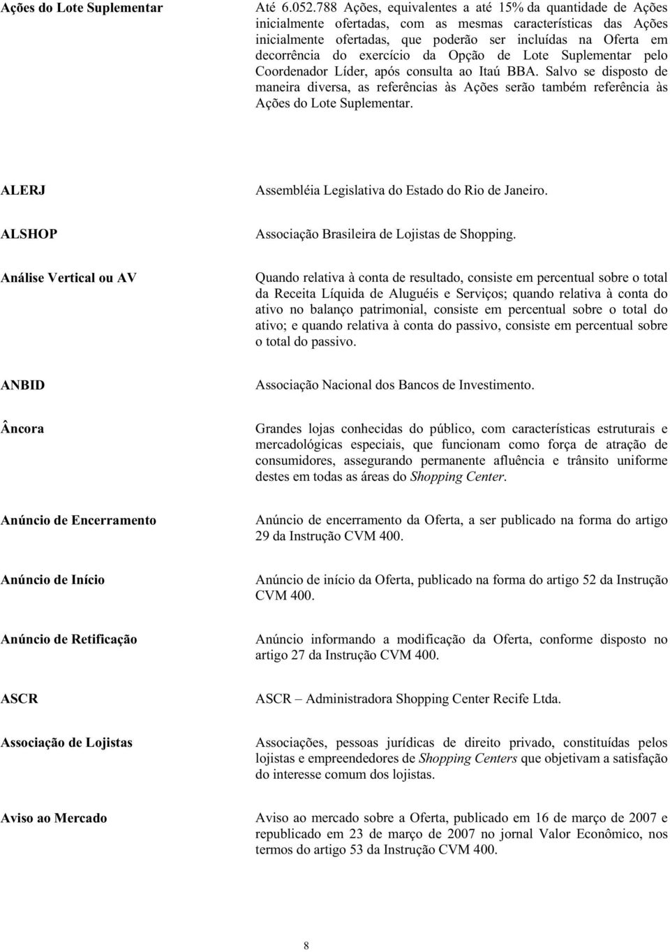 exercício da Opção de Lote Suplementar pelo Coordenador Líder, após consulta ao Itaú BBA.