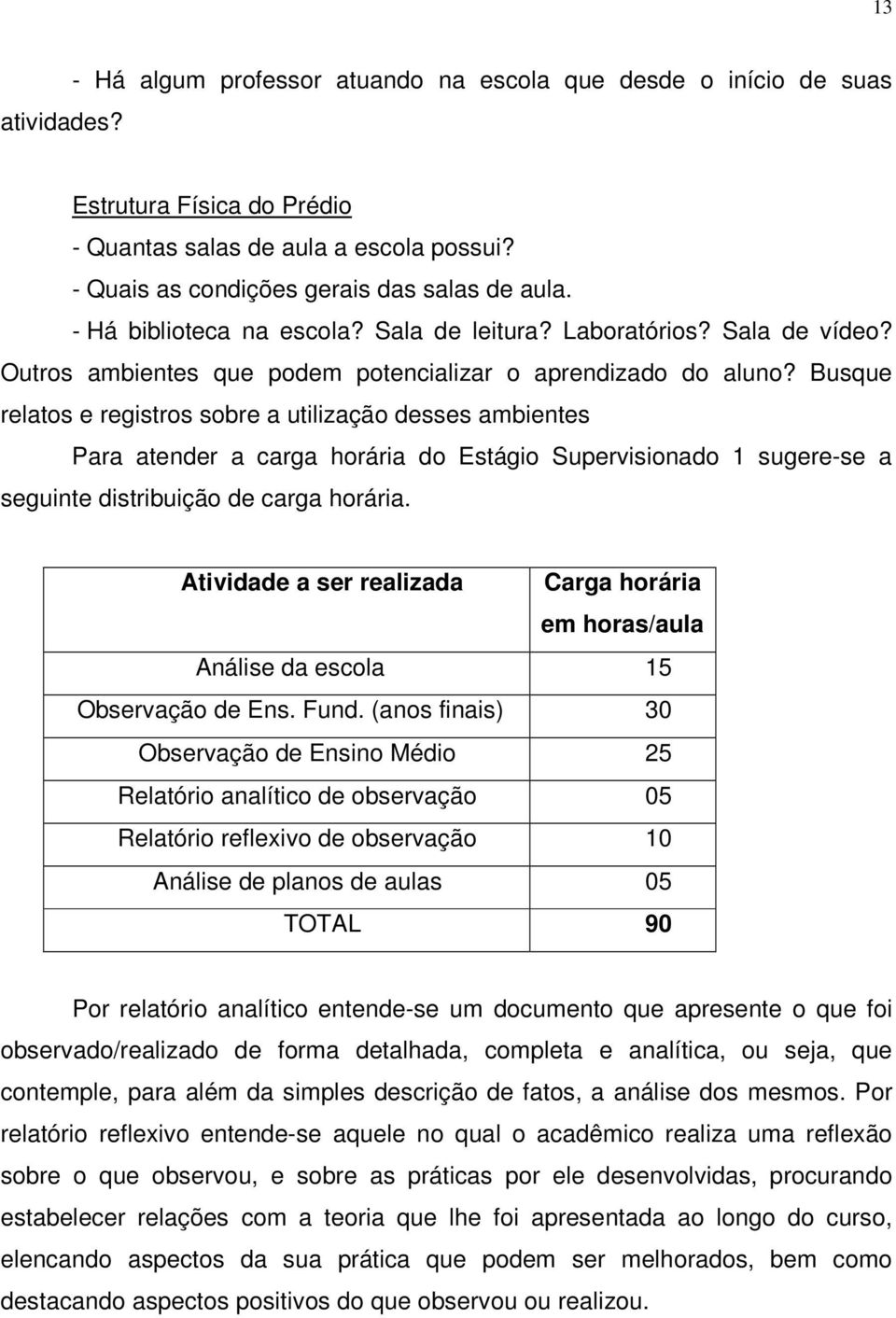 Busque relatos e registros sobre a utilização desses ambientes Para atender a carga horária do Estágio Supervisionado 1 sugere-se a seguinte distribuição de carga horária.