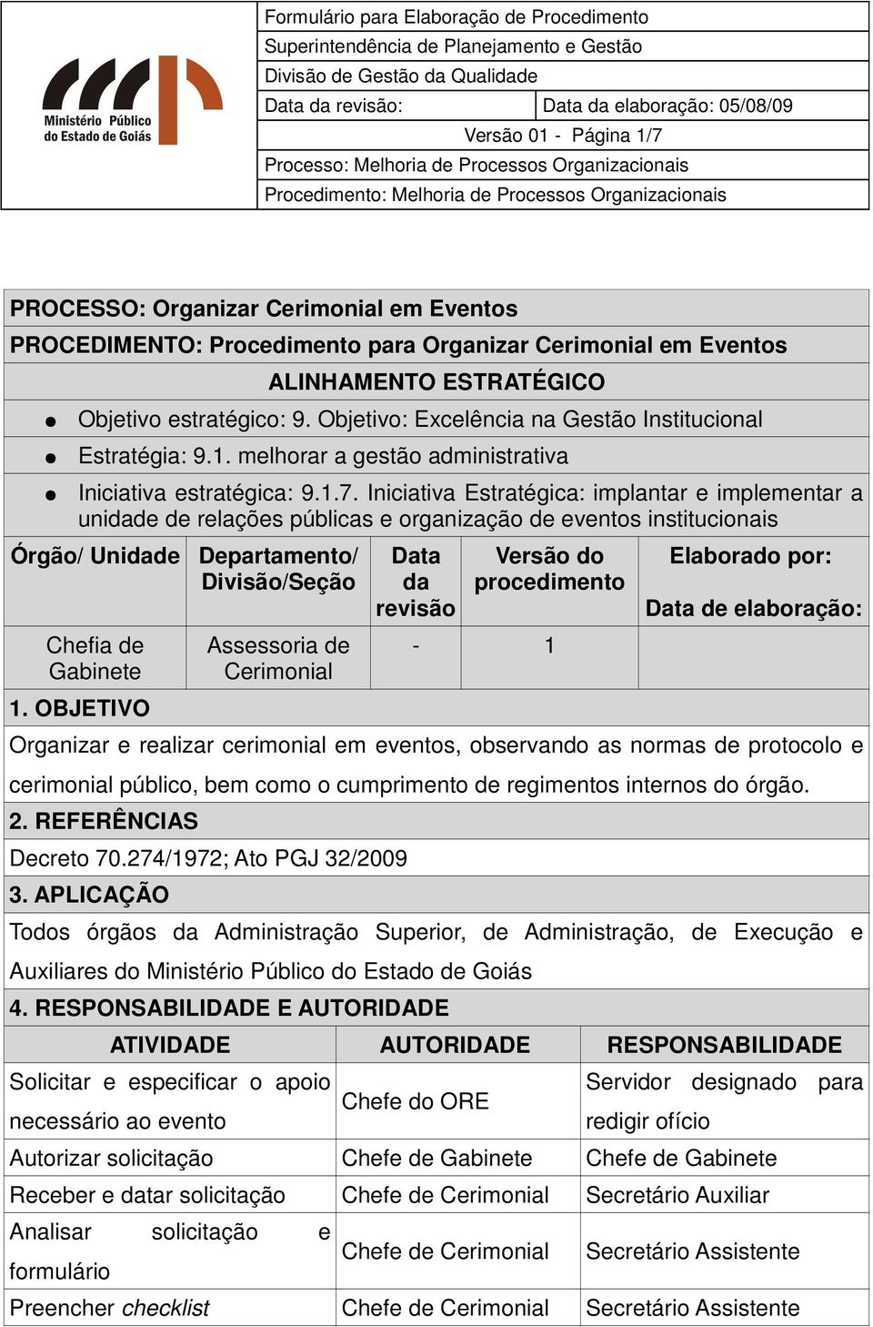 Iniciativa Estratégica: implantar e implementar a unida relações públicas e organização eventos institucionais Órgão/ Unida Chefia Gabinete 1.