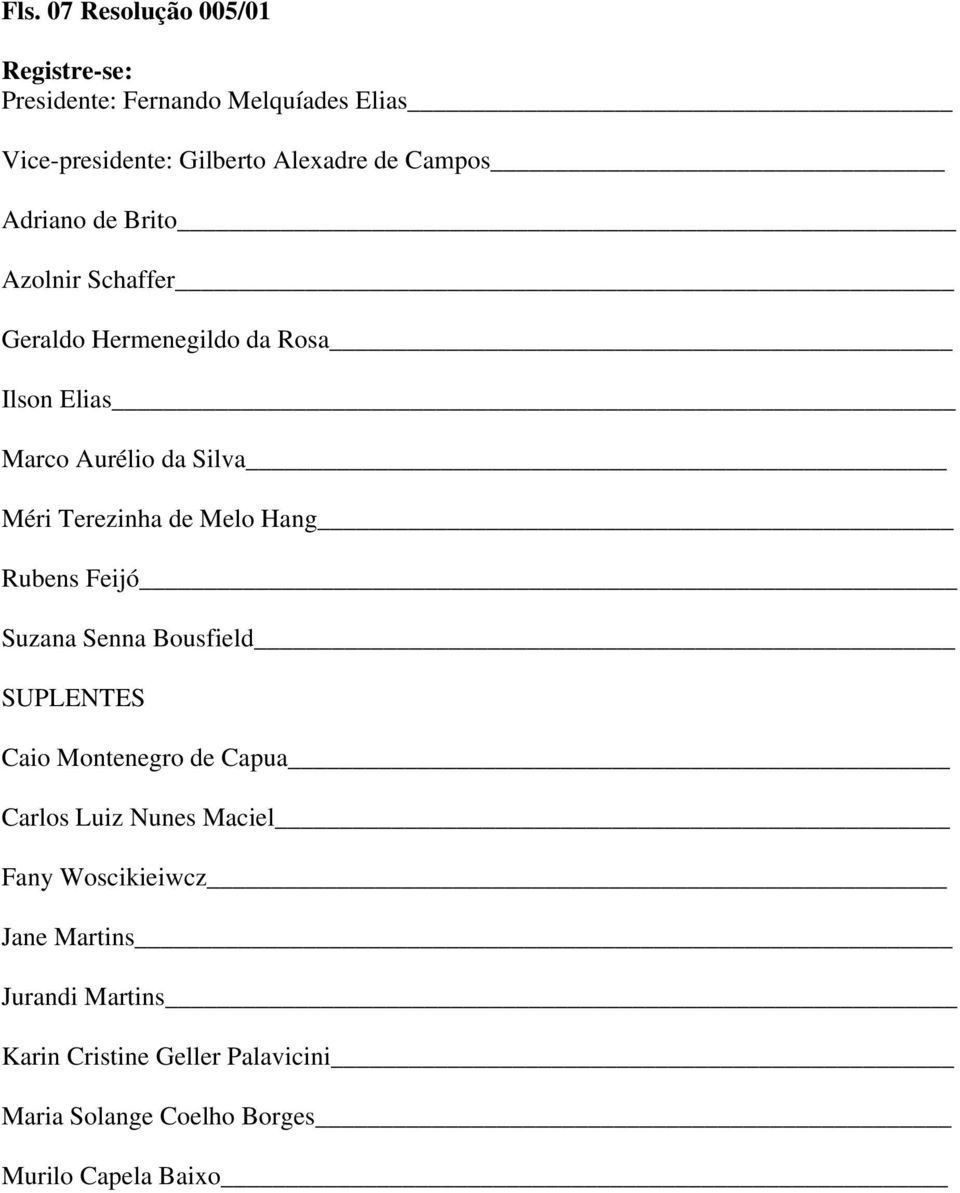 Terezinha de Melo Hang Rubens Feijó Suzana Senna Bousfield SUPLENTES Caio Montenegro de Capua Carlos Luiz Nunes