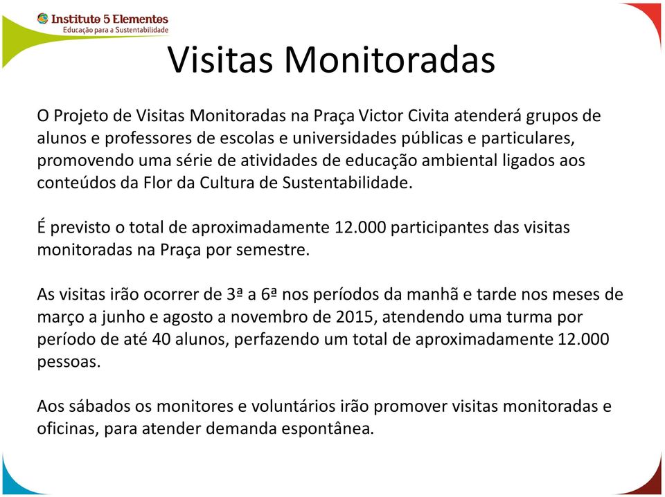 000 participantes das visitas monitoradas na Praça por semestre.