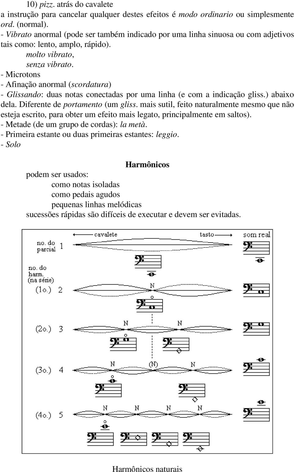 - Microtons - Afinação anormal (scordatura) - Glissando: duas notas conectadas por uma linha (e com a indicação gliss.) abaixo dela. Diferente de portamento (um gliss.