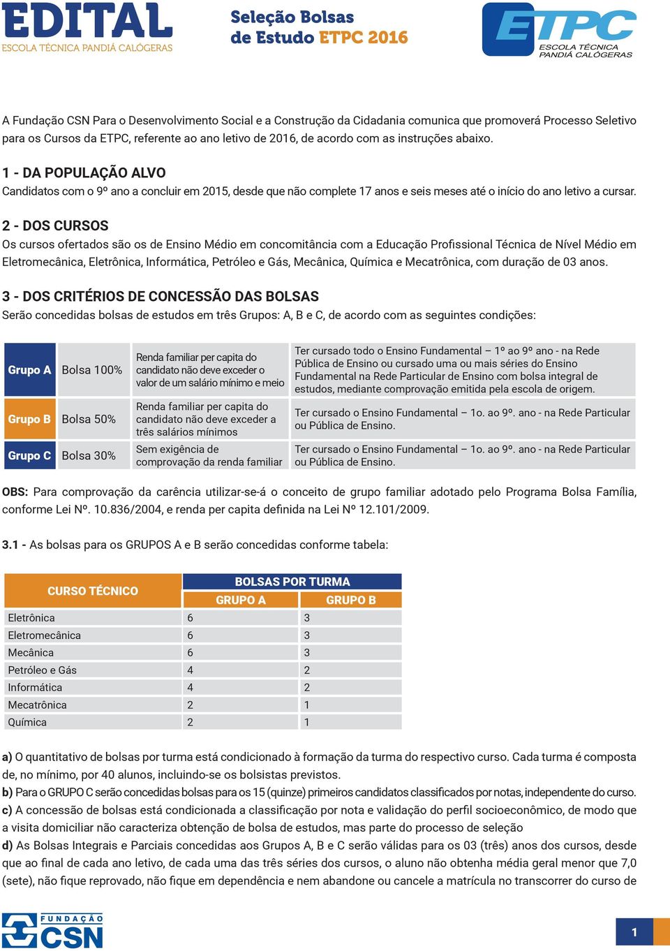 2 - DOS CURSOS Os cursos ofertados são os de Ensino Médio em concomitância com a Educação Profissional Técnica de Nível Médio em Eletromecânica, Eletrônica, Informática, Petróleo e Gás, Mecânica,