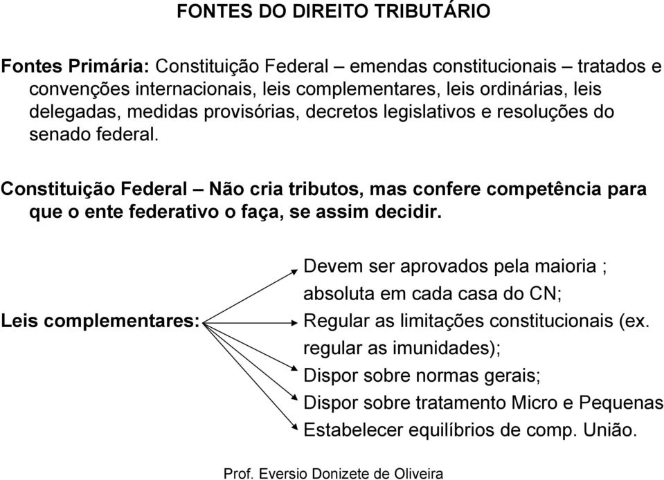 Constituição Federal Não cria tributos, mas confere competência para que o ente federativo o faça, se assim decidir.