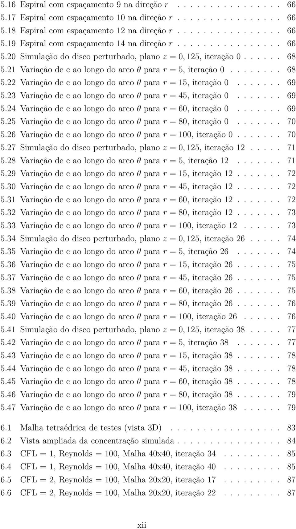 ...... 69 5.23 Variação de c ao longo do arco θ para r = 45, iteração 0....... 69 5.24 Variação de c ao longo do arco θ para r = 60, iteração 0....... 69 5.25 Variação de c ao longo do arco θ para r = 80, iteração 0.