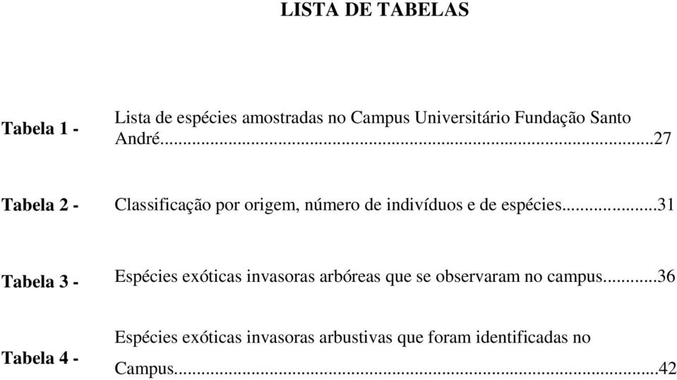 ..27 Tabela 2 - Classificação por origem, número de indivíduos e de espécies.