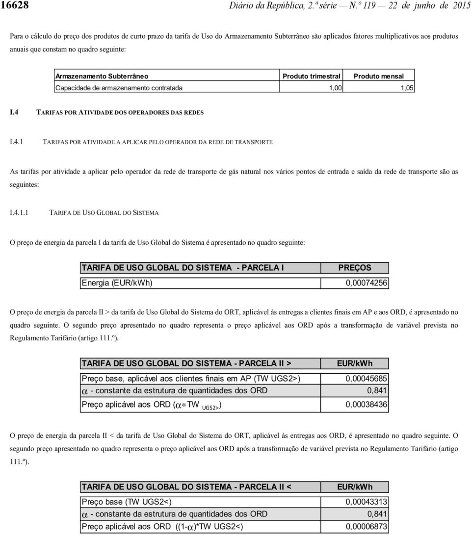 quadro seguinte: Armazenamento Subterrâneo Produto trimestral Produto mensal Capacidade de armazenamento contratada 1,00 1,05 I.4 