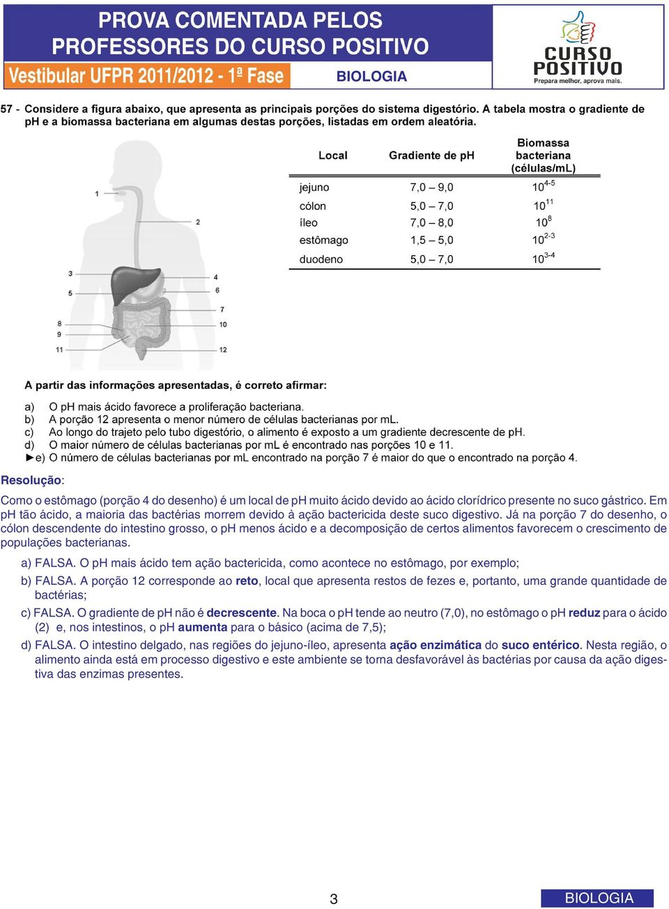 Já na porção 7 do desenho, o cólon descendente do intestino grosso, o ph menos ácido e a decomposição de certos alimentos favorecem o crescimento de populações bacterianas. a) FALSA.