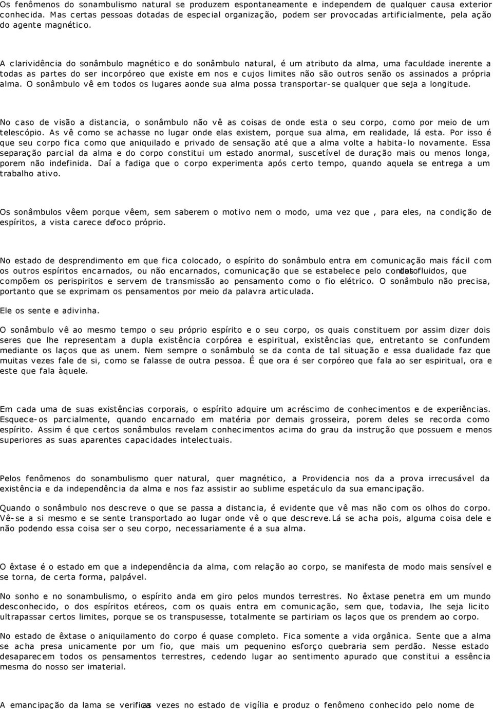 A clarividência do sonâmbulo magnético e do sonâmbulo natural, é um atributo da alma, uma faculdade inerente a todas as partes do ser incorpóreo que existe em nos e cujos limites não são outros senão