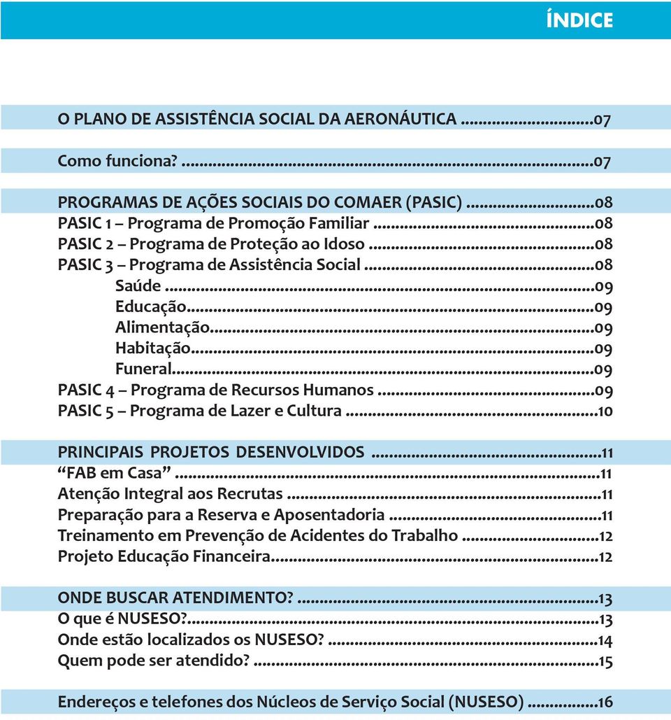 ..09 PASIC 5 Programa de Lazer e Cultura...10 PRINCIPAIS PROJETOS DESENVOLVIDOS...11 FAB em Casa...11 Atenção Integral aos Recrutas...11 Preparação para a Reserva e Aposentadoria.