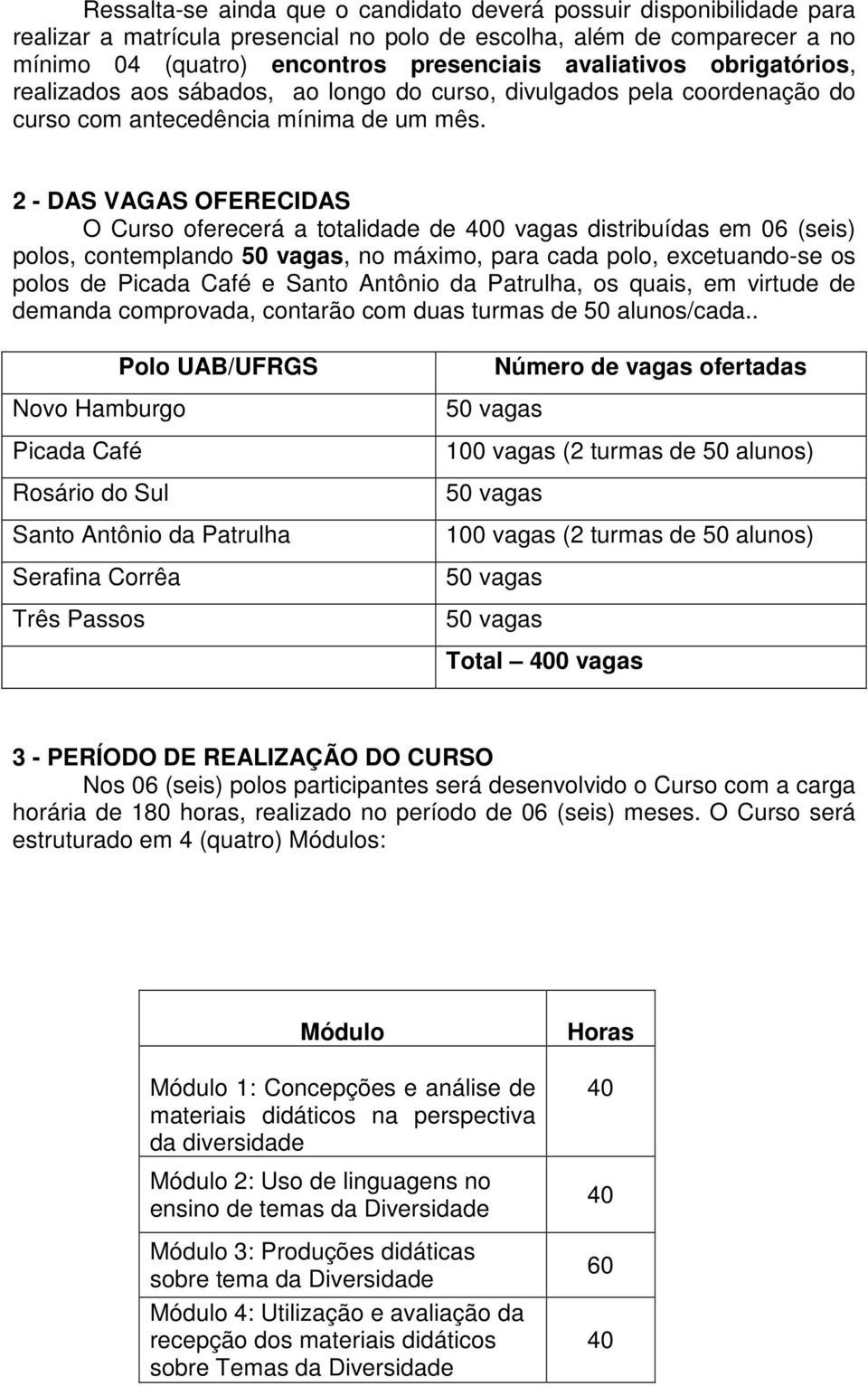 2 - DAS VAGAS OFERECIDAS O Curso oferecerá a totalidade de 0 vagas distribuídas em 06 (seis) polos, contemplando, no máximo, para cada polo, excetuando-se os polos de Picada Café e Santo Antônio da