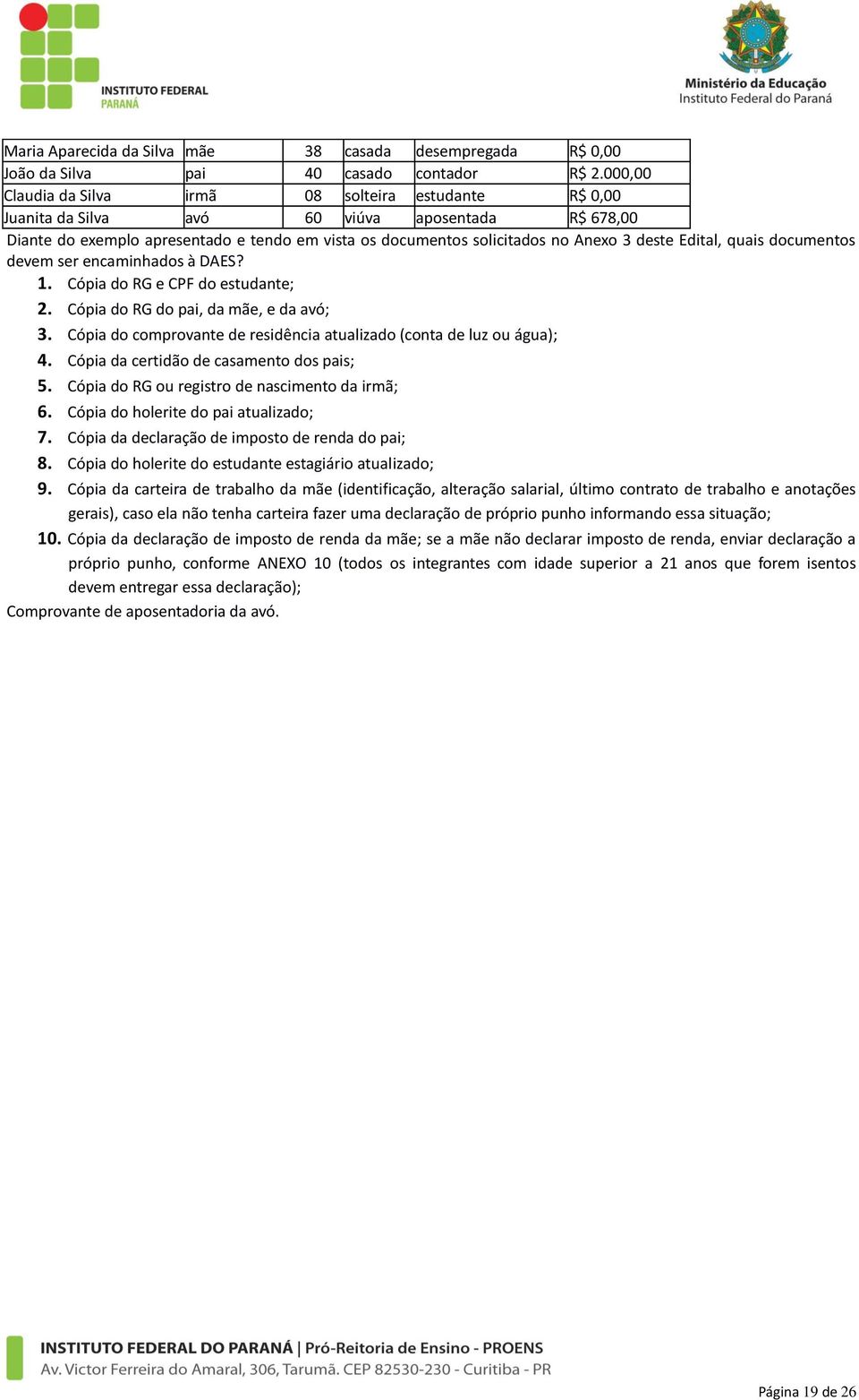 Edital, quais documentos devem ser encaminhados à DAES? 1. Cópia do RG e CPF do estudante; 2. Cópia do RG do pai, da mãe, e da avó; 3.