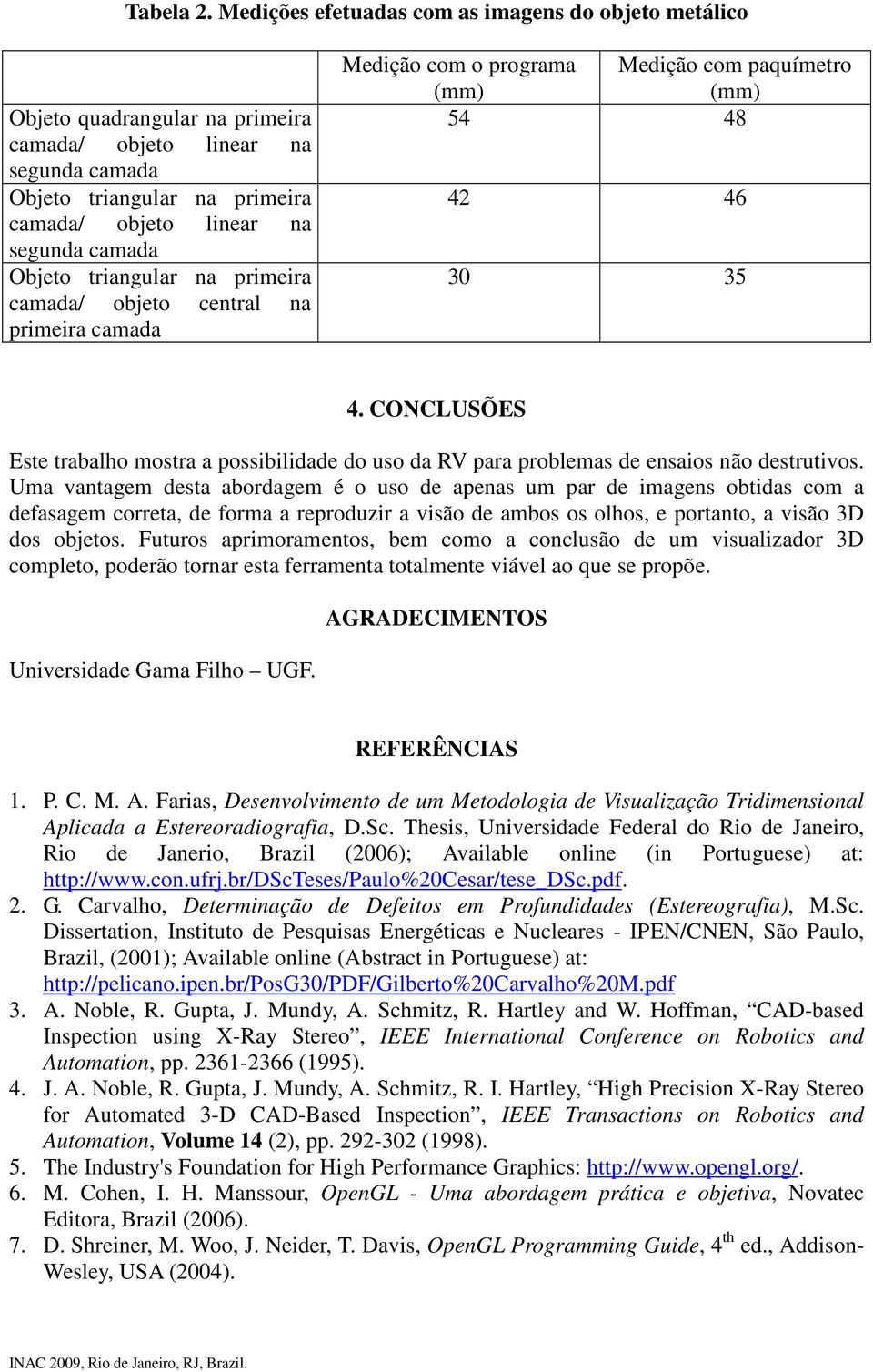 Objeto triangular na primeira camada/ objeto central na primeira camada Medição com o programa Medição com paquímetro 54 48 42 46 30 35 4.