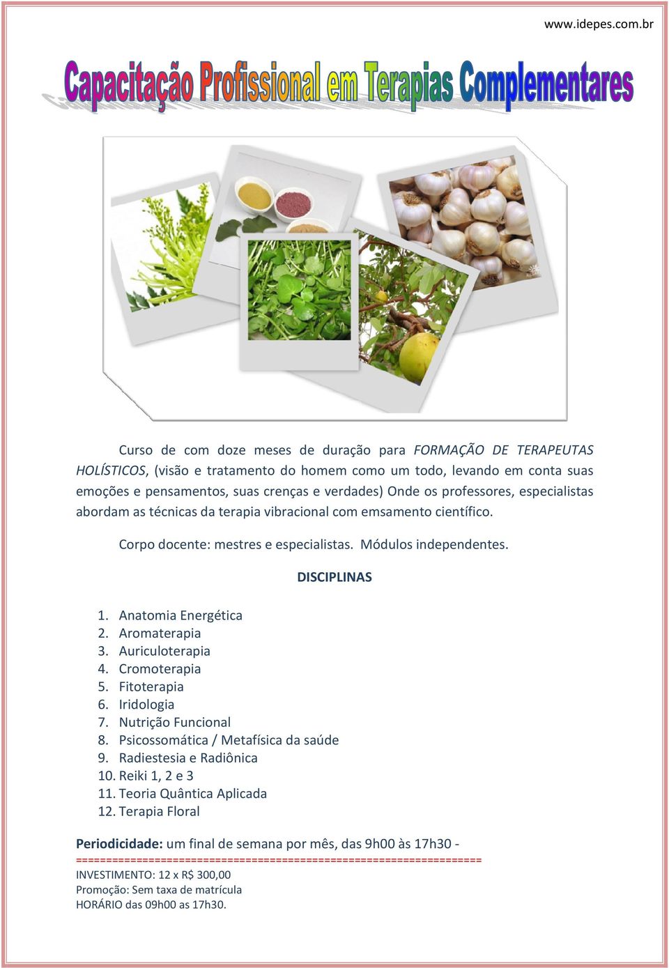 Anatomia Energética 2. Aromaterapia 3. Auriculoterapia 4. Cromoterapia 5. Fitoterapia 6. Iridologia 7. Nutrição Funcional 8. Psicossomática / Metafísica da saúde 9. Radiestesia e Radiônica 10.