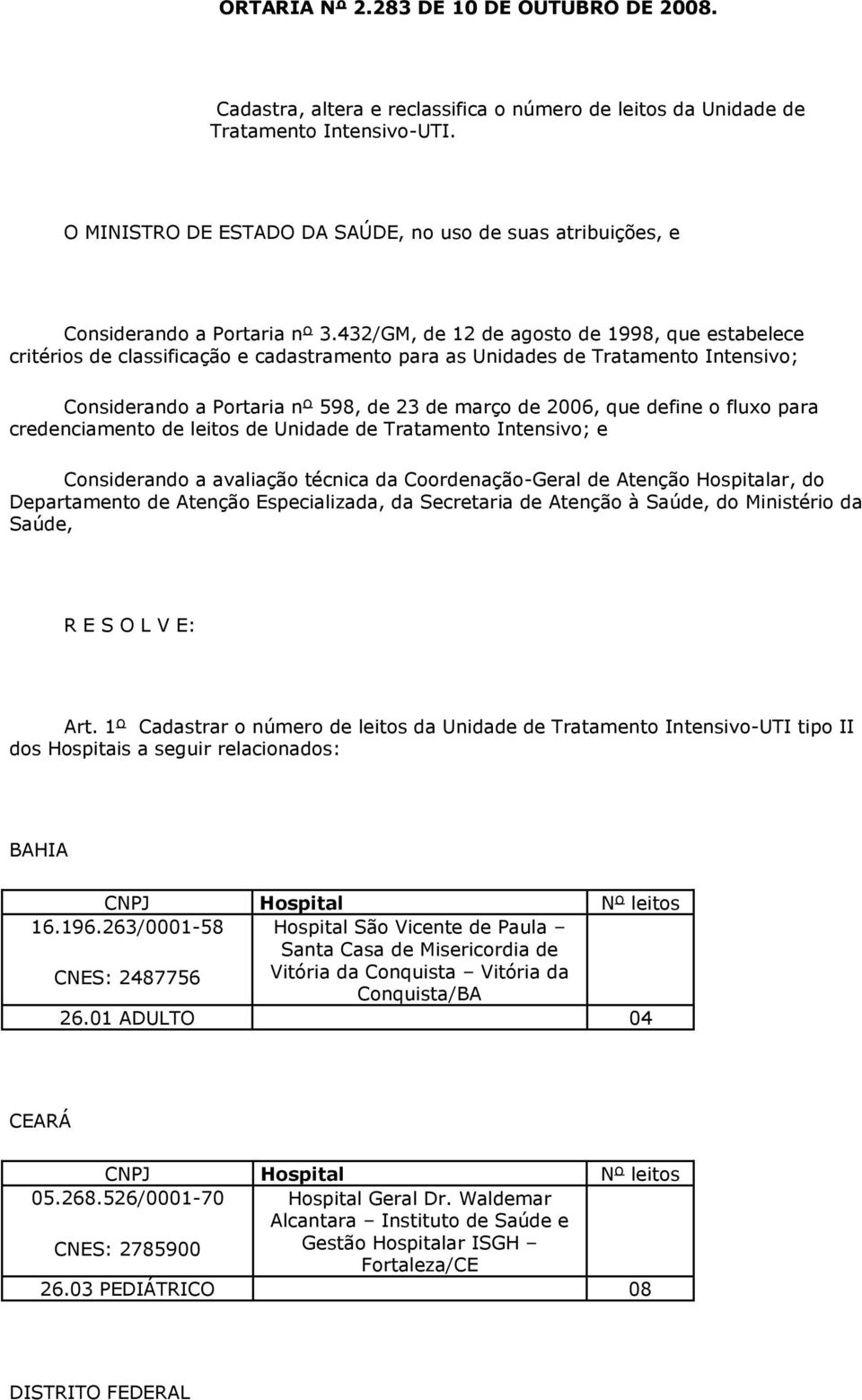 432/GM, de 12 de agosto de 1998, que estabelece critérios de classificação e cadastramento para as Unidades de Tratamento Intensivo; Considerando a Portaria nº 598, de 23 de março de 2006, que define