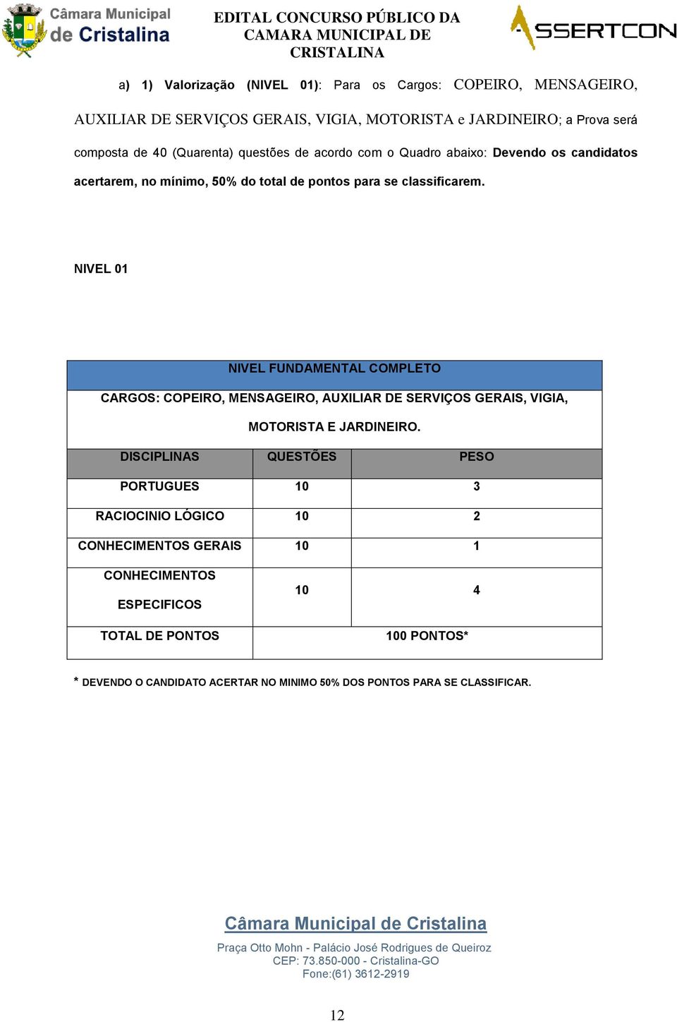 NIVEL 01 NIVEL FUNDAMENTAL COMPLETO CARGOS: COPEIRO, MENSAGEIRO, AUXILIAR DE SERVIÇOS GERAIS, VIGIA, MOTORISTA E JARDINEIRO.