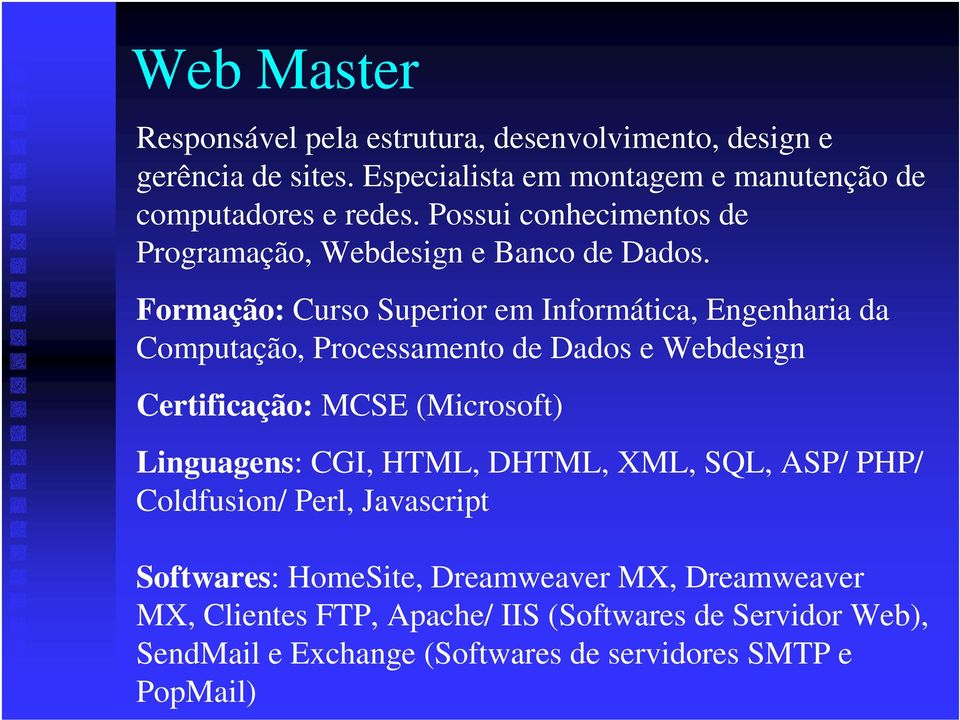 Formação: Curso Superior em Informática, Engenharia da Computação, Processamento de Dados e Webdesign Certificação: MCSE (Microsoft) Linguagens: