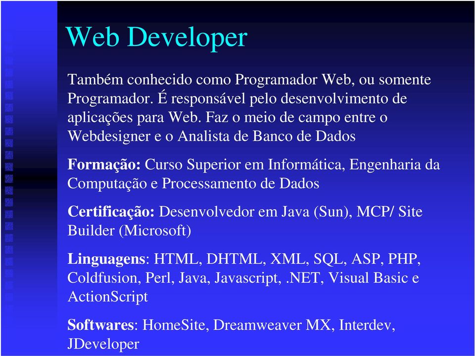 Computação e Processamento de Dados Certificação: Desenvolvedor em Java (Sun), MCP/ Site Builder (Microsoft) Linguagens: HTML, DHTML,