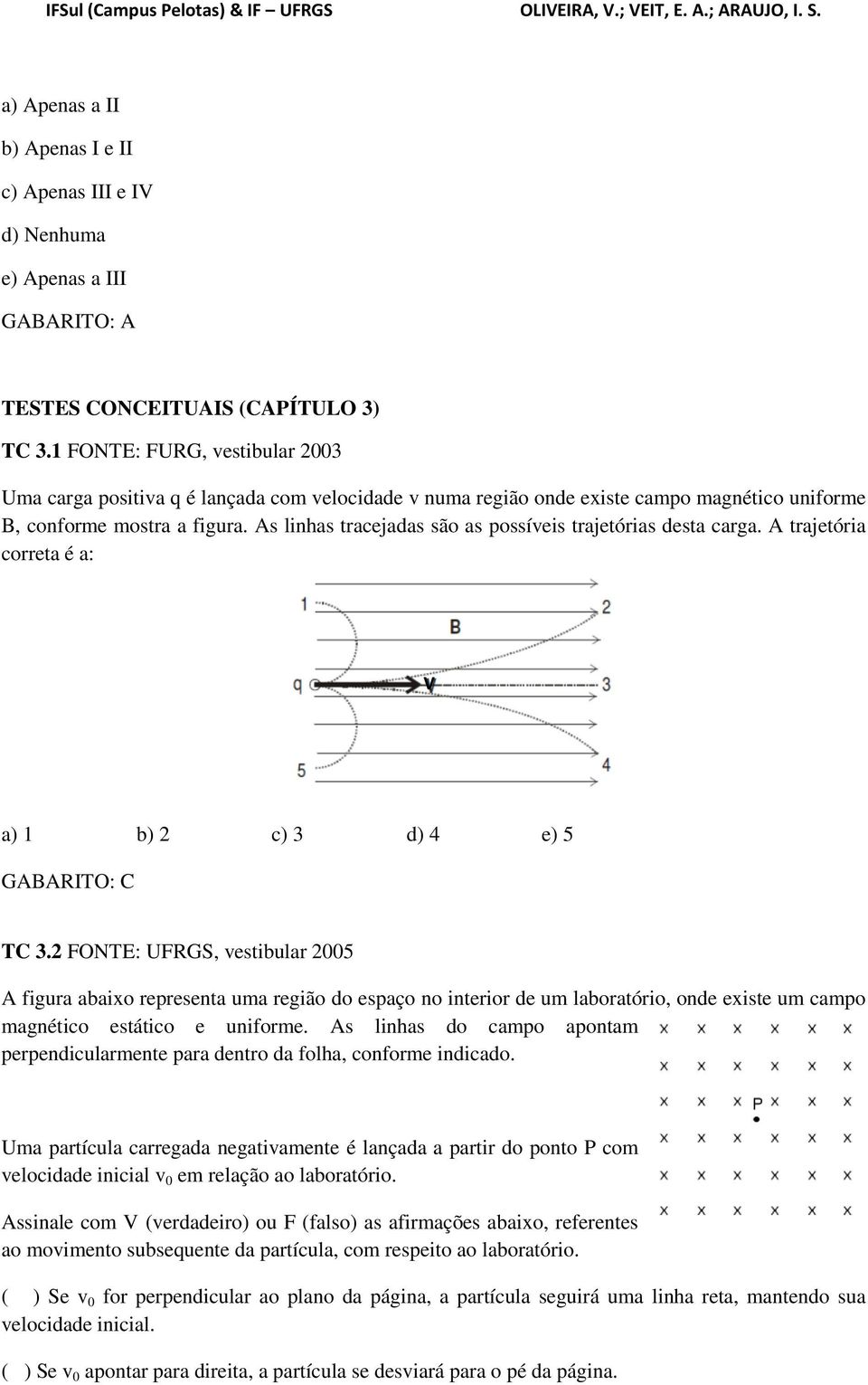 As lnhas tracejadas são as possíves trajetóras desta carga. A trajetóra correta é a: V a) 1 b) 2 c) 3 d) 4 e) 5 GABARITO: C TC 3.