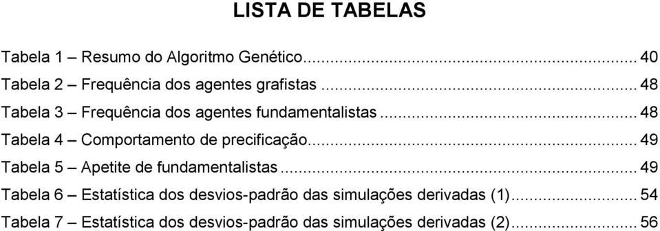 .. 49 Tabela 5 Apetite de fundamentalistas.