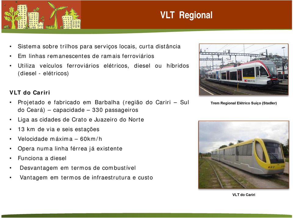 capacidade 330 passageiros Liga as cidades de Crato e Juazeiro do Norte 13 km de via e seis estações Velocidade máxima 60km/h Opera numa linha férrea