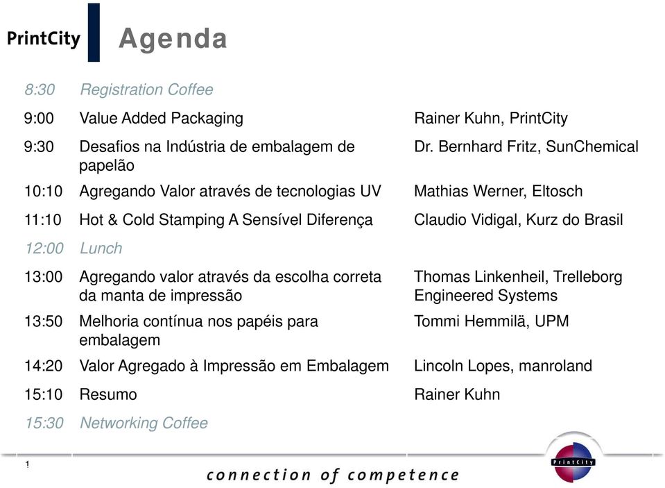 Claudio Vidigal, Kurz do Brasil 12:00 Lunch 13:00 Agregando valor através da escolha correta Thomas Linkenheil, Trelleborg da manta de impressão Engineered