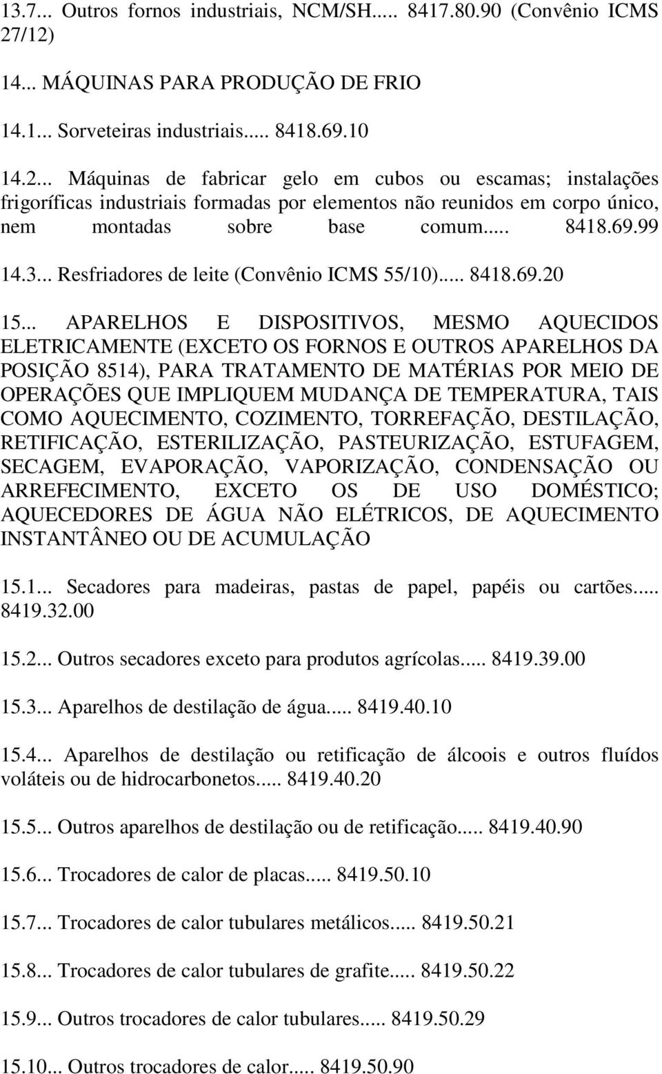 .. 8418.69.99 14.3... Resfriadores de leite (Convênio ICMS 55/10)... 8418.69.20 15.